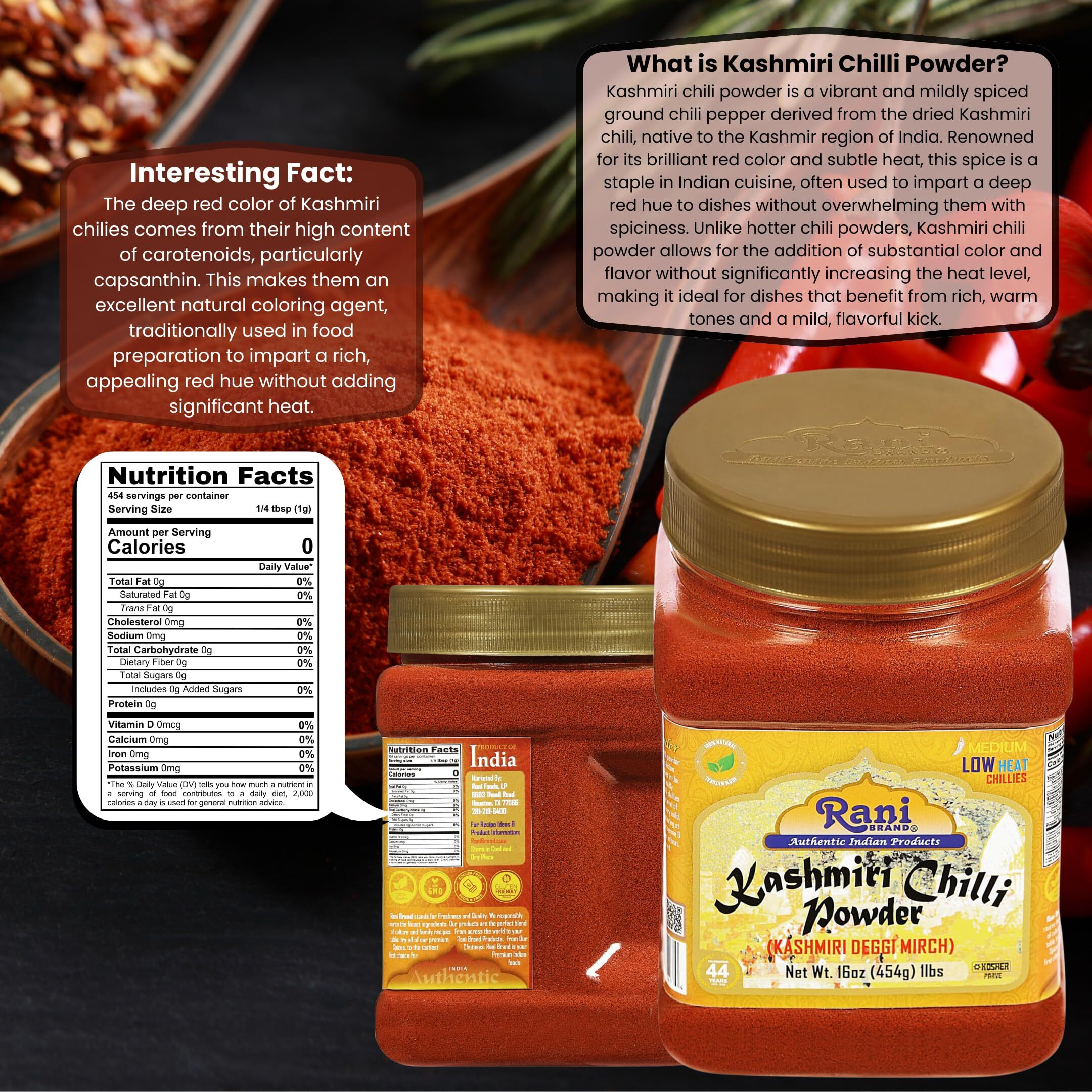 Rani Kashmiri Chilli Powder (Deggi Mirch, Low Heat) Ground Indian Spice 16oz (1lb) 454g PET Jar ~ All Natural, Salt-Free, Vegan, Kosher, Gluten Friendly