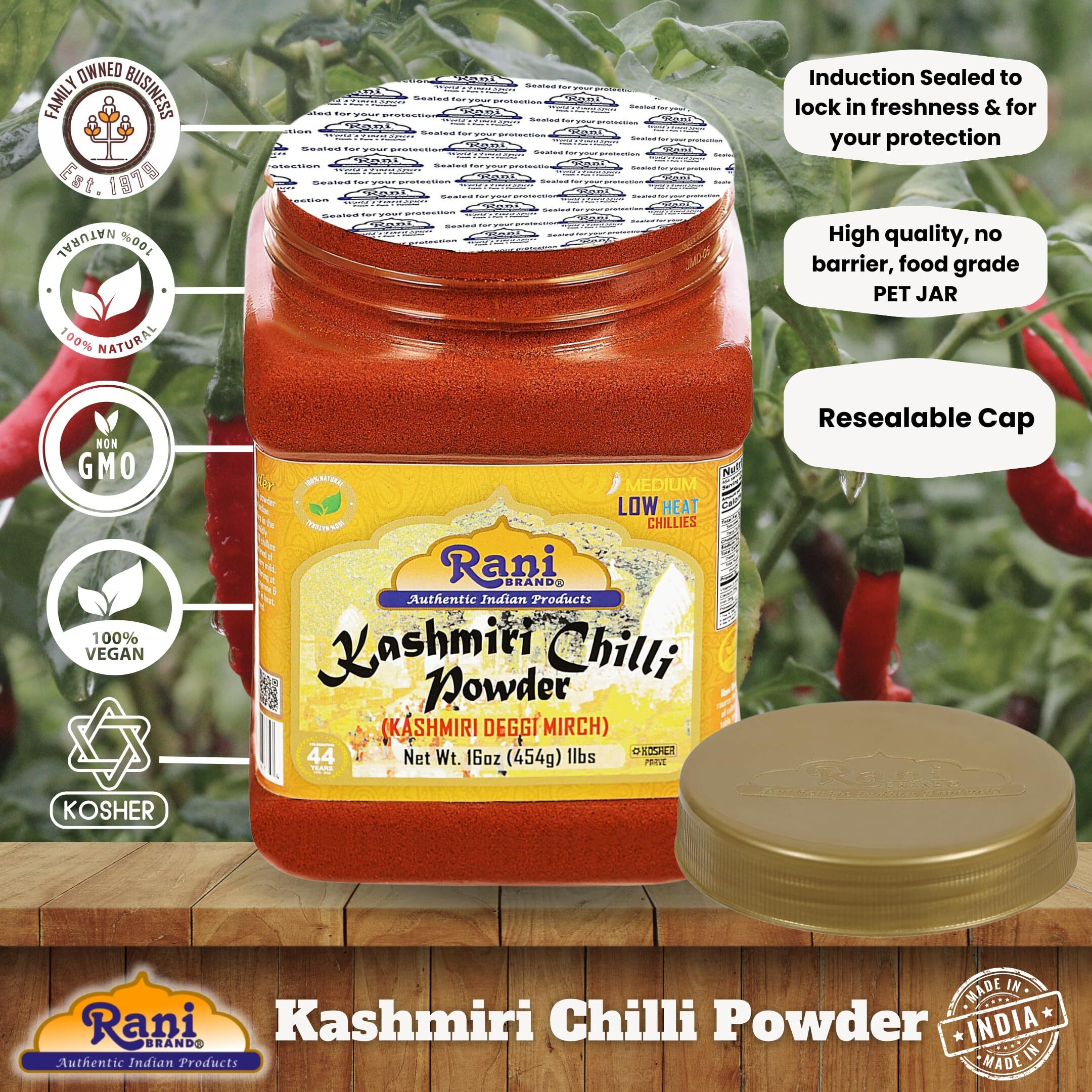 Rani Kashmiri Chilli Powder (Deggi Mirch, Low Heat) Ground Indian Spice 16oz (1lb) 454g PET Jar ~ All Natural, Salt-Free, Vegan, Kosher, Gluten Friendly