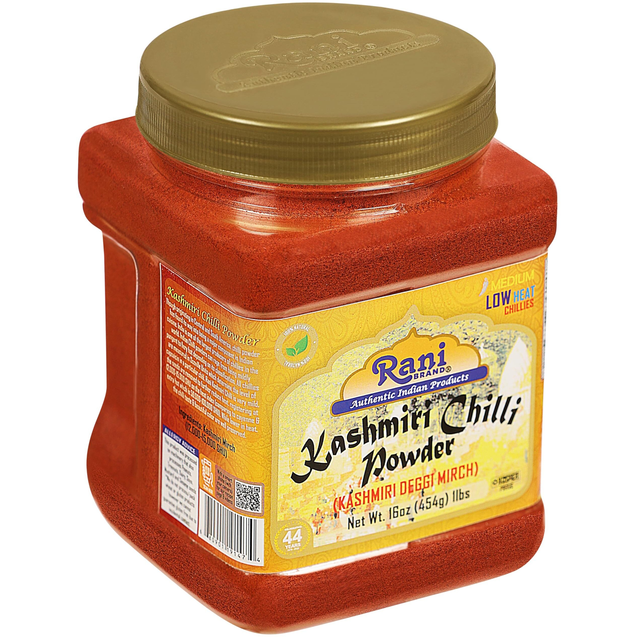 Rani Kashmiri Chilli Powder (Deggi Mirch, Low Heat) Ground Indian Spice 16oz (1lb) 454g PET Jar ~ All Natural, Salt-Free, Vegan, Kosher, Gluten Friendly
