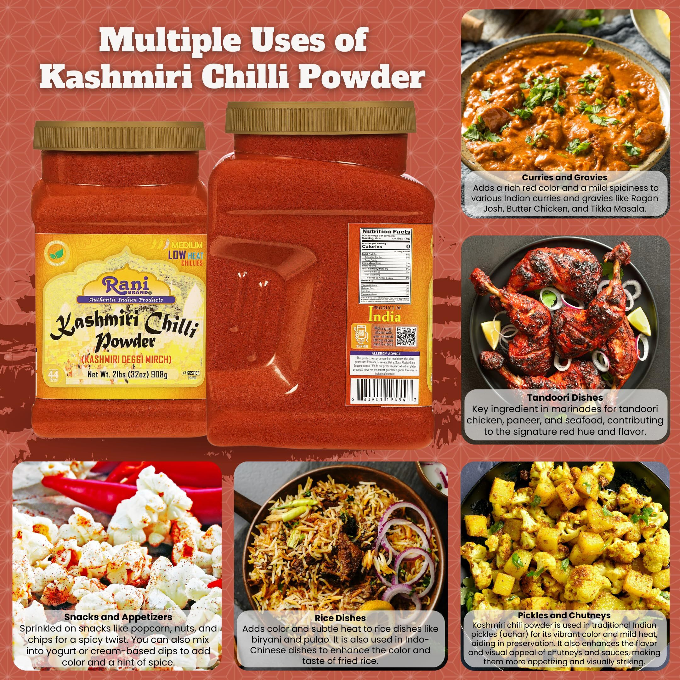 Rani Kashmiri Chilli Powder (Deggi Mirch, Low Heat) Ground Indian Spice 32oz (2lbs) 908g PET Jar ~ All Natural, Salt-Free, Vegan, Kosher, Gluten Friendly