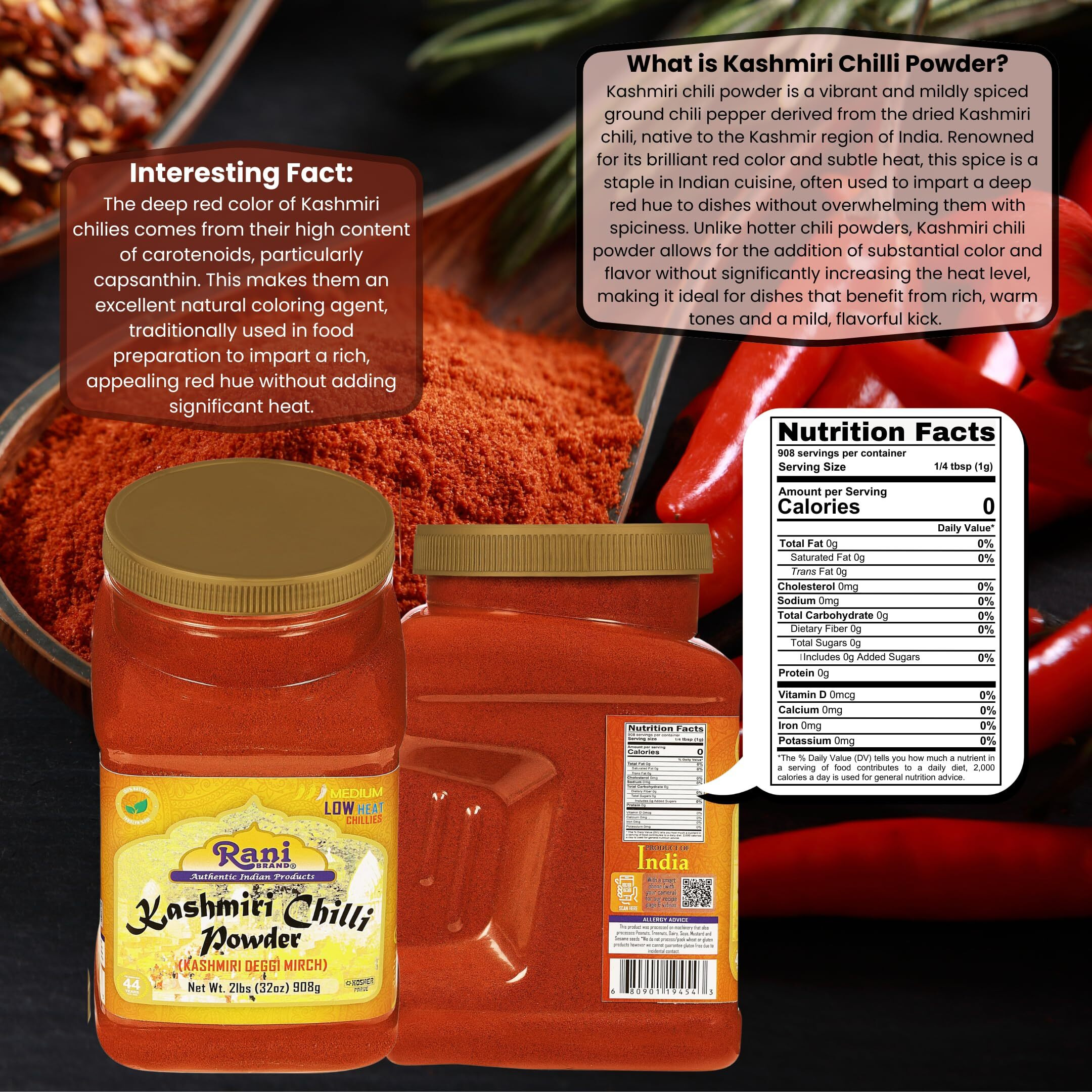 Rani Kashmiri Chilli Powder (Deggi Mirch, Low Heat) Ground Indian Spice 32oz (2lbs) 908g PET Jar ~ All Natural, Salt-Free, Vegan, Kosher, Gluten Friendly