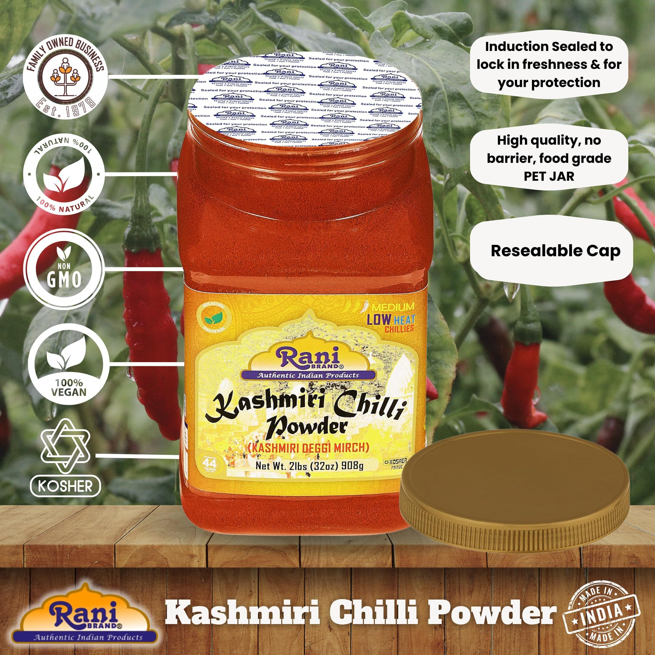 Rani Kashmiri Chilli Powder (Deggi Mirch, Low Heat) Ground Indian Spice 32oz (2lbs) 908g PET Jar ~ All Natural, Salt-Free, Vegan, Kosher, Gluten Friendly