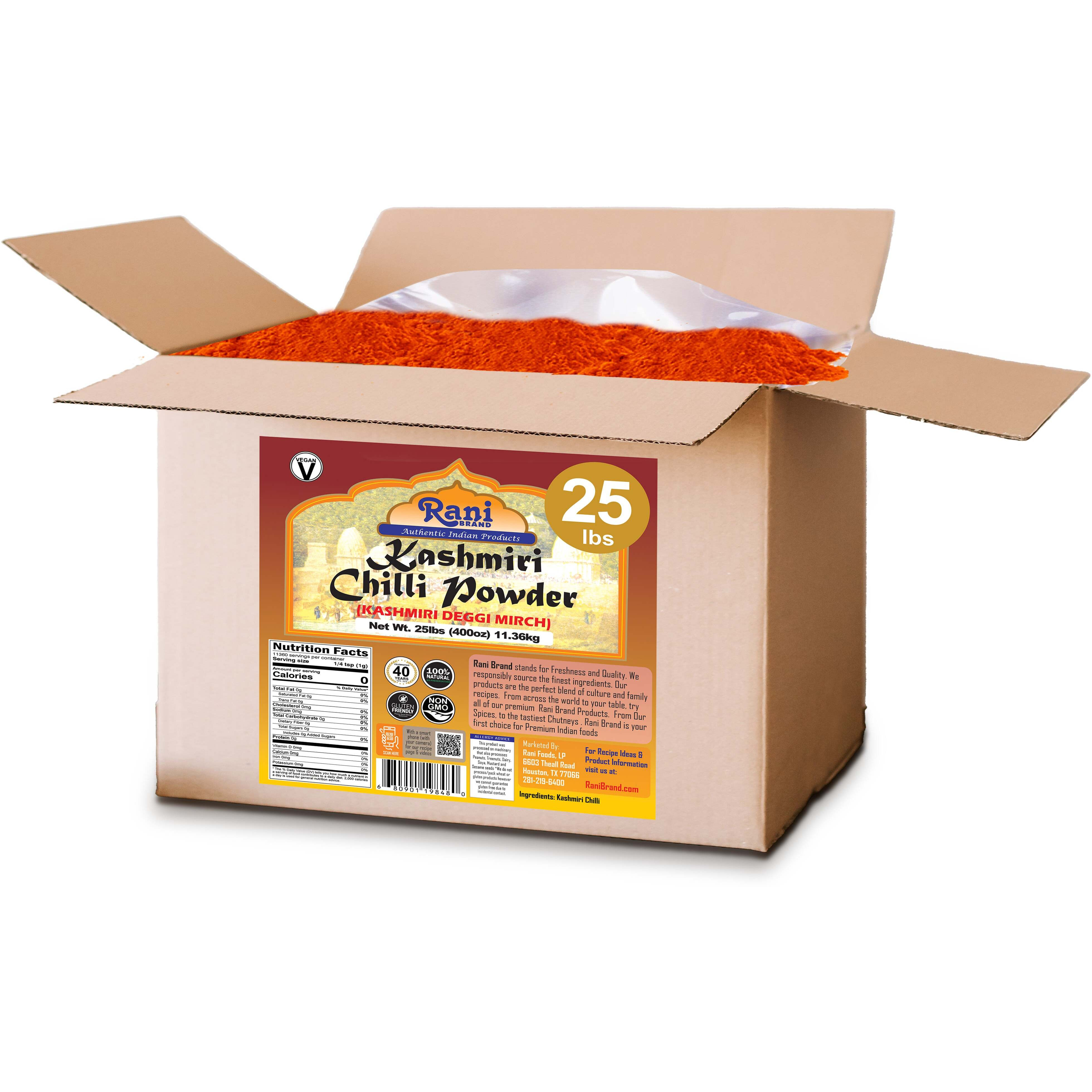 Rani Kashmiri Chilli Powder (Deggi Mirch, Low Heat) Ground Indian Spice 400oz (25lbs) 11.36kg Bulk Box ~ All Natural, Salt-Free, Gluten Friendly, Perfect for Deviled Eggs & Other Low Heat Dishes