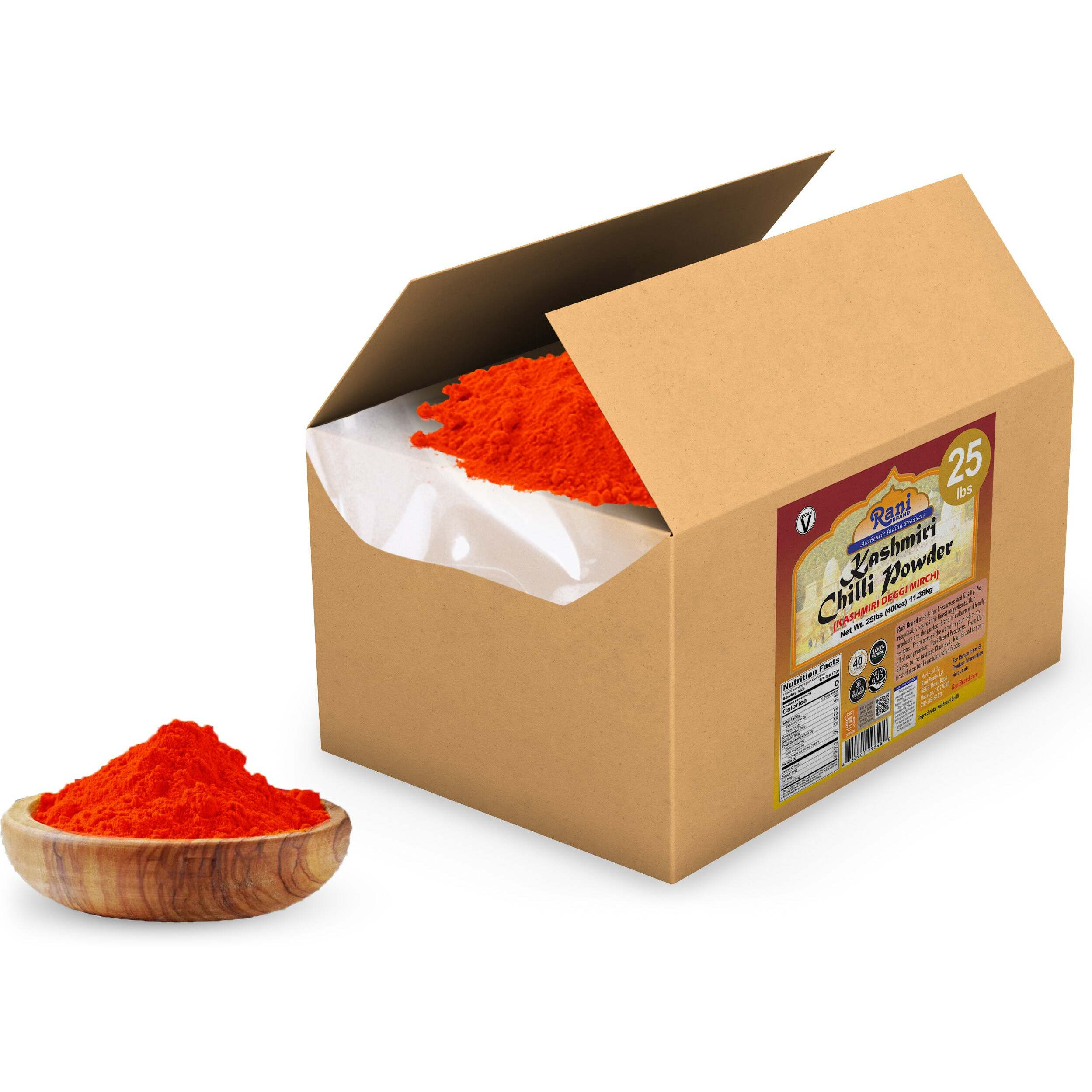 Rani Kashmiri Chilli Powder (Deggi Mirch, Low Heat) Ground Indian Spice 400oz (25lbs) 11.36kg Bulk Box ~ All Natural, Salt-Free, Gluten Friendly, Perfect for Deviled Eggs & Other Low Heat Dishes