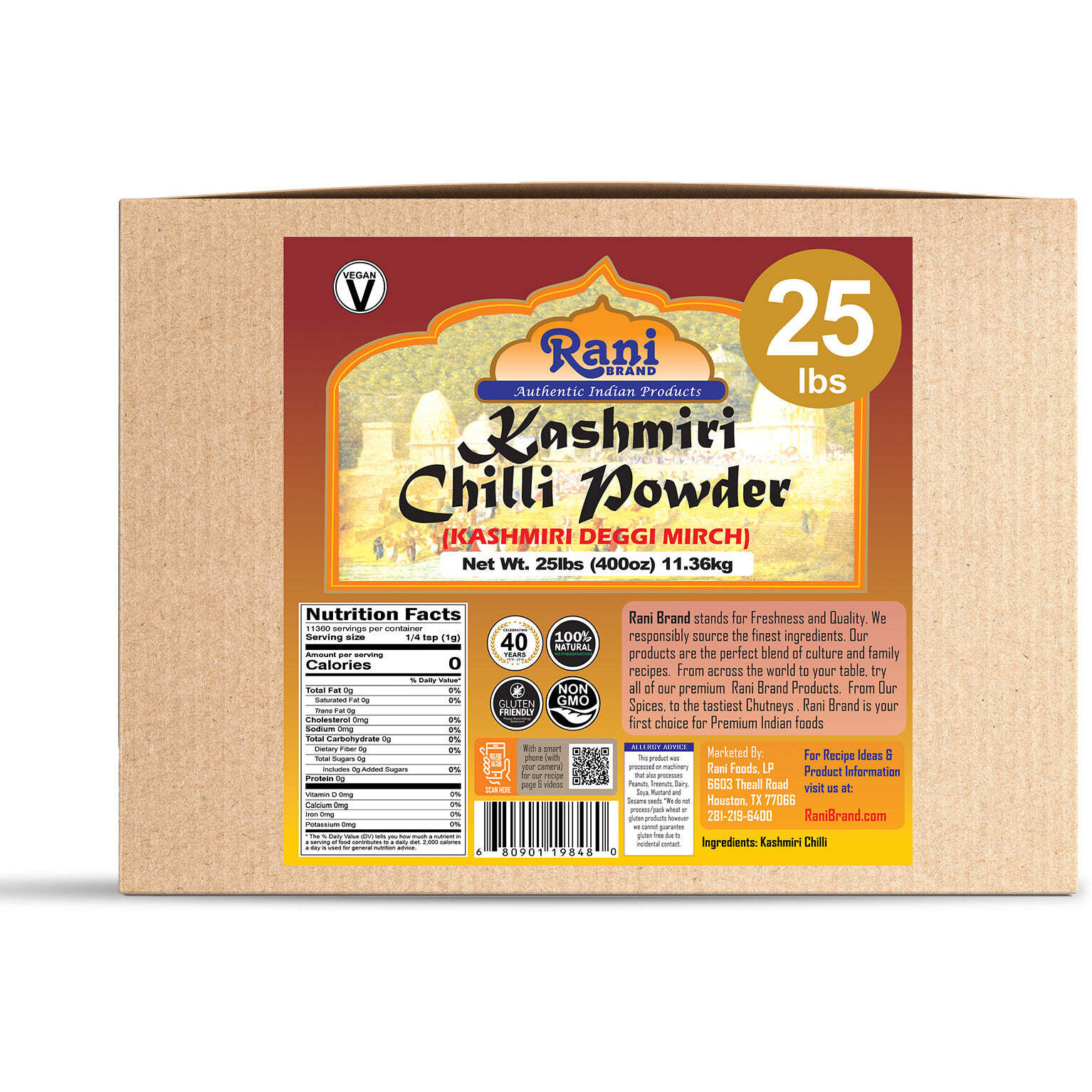 Rani Kashmiri Chilli Powder (Deggi Mirch, Low Heat) Ground Indian Spice 400oz (25lbs) 11.36kg Bulk Box ~ All Natural, Salt-Free, Gluten Friendly, Perfect for Deviled Eggs & Other Low Heat Dishes
