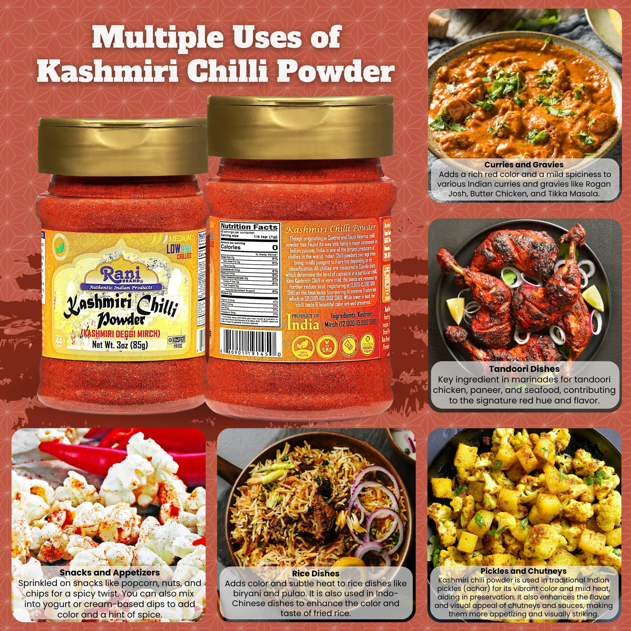 Rani Kashmiri Chilli Powder (Deggi Mirch, Low Heat) Ground Indian Spice 85g PET Jar ~ All Natural, Salt-Free, Vegan, Kosher, Gluten Friendly, Perfect for Deviled Eggs & Other Low Heat Dishes