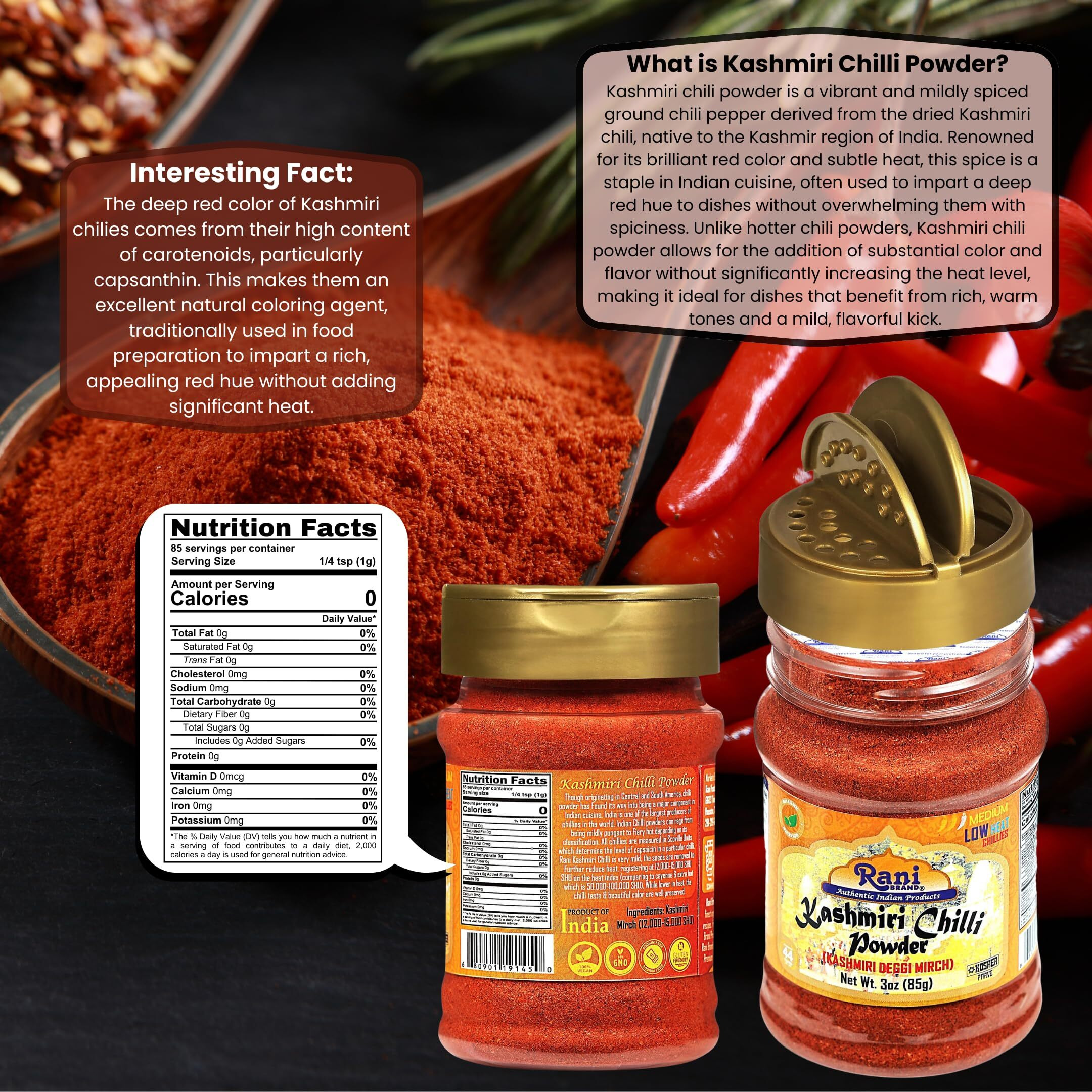 Rani Kashmiri Chilli Powder (Deggi Mirch, Low Heat) Ground Indian Spice 85g PET Jar ~ All Natural, Salt-Free, Vegan, Kosher, Gluten Friendly, Perfect for Deviled Eggs & Other Low Heat Dishes