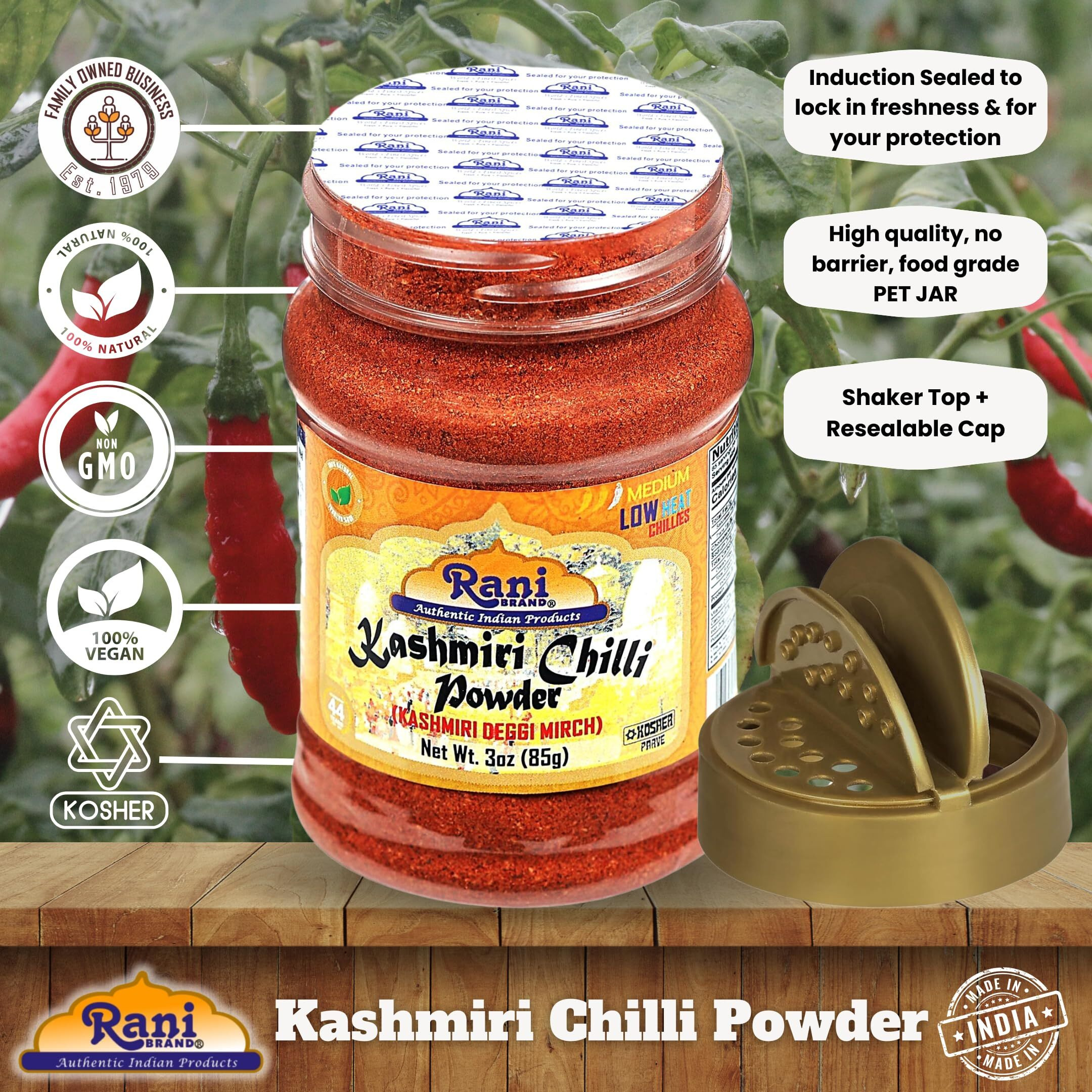 Rani Kashmiri Chilli Powder (Deggi Mirch, Low Heat) Ground Indian Spice 85g PET Jar ~ All Natural, Salt-Free, Vegan, Kosher, Gluten Friendly, Perfect for Deviled Eggs & Other Low Heat Dishes