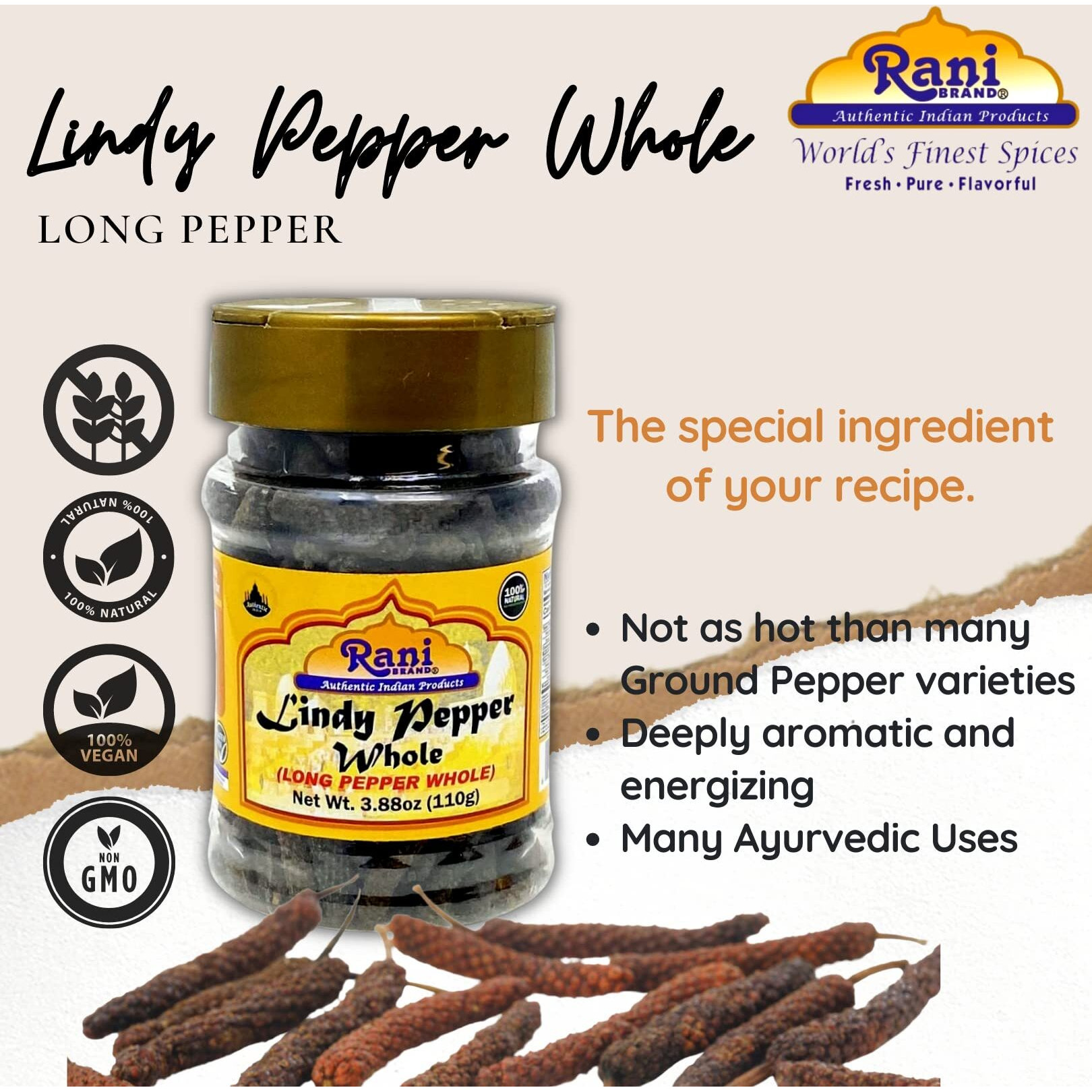 Rani Lindy Pepper Whole (Long Pepper, Piper Longum, Pipli) 3.88oz (110g) PET Jar ~ All Natural, Gluten Friendly, NON-GMO, Vegan, Indian Origin