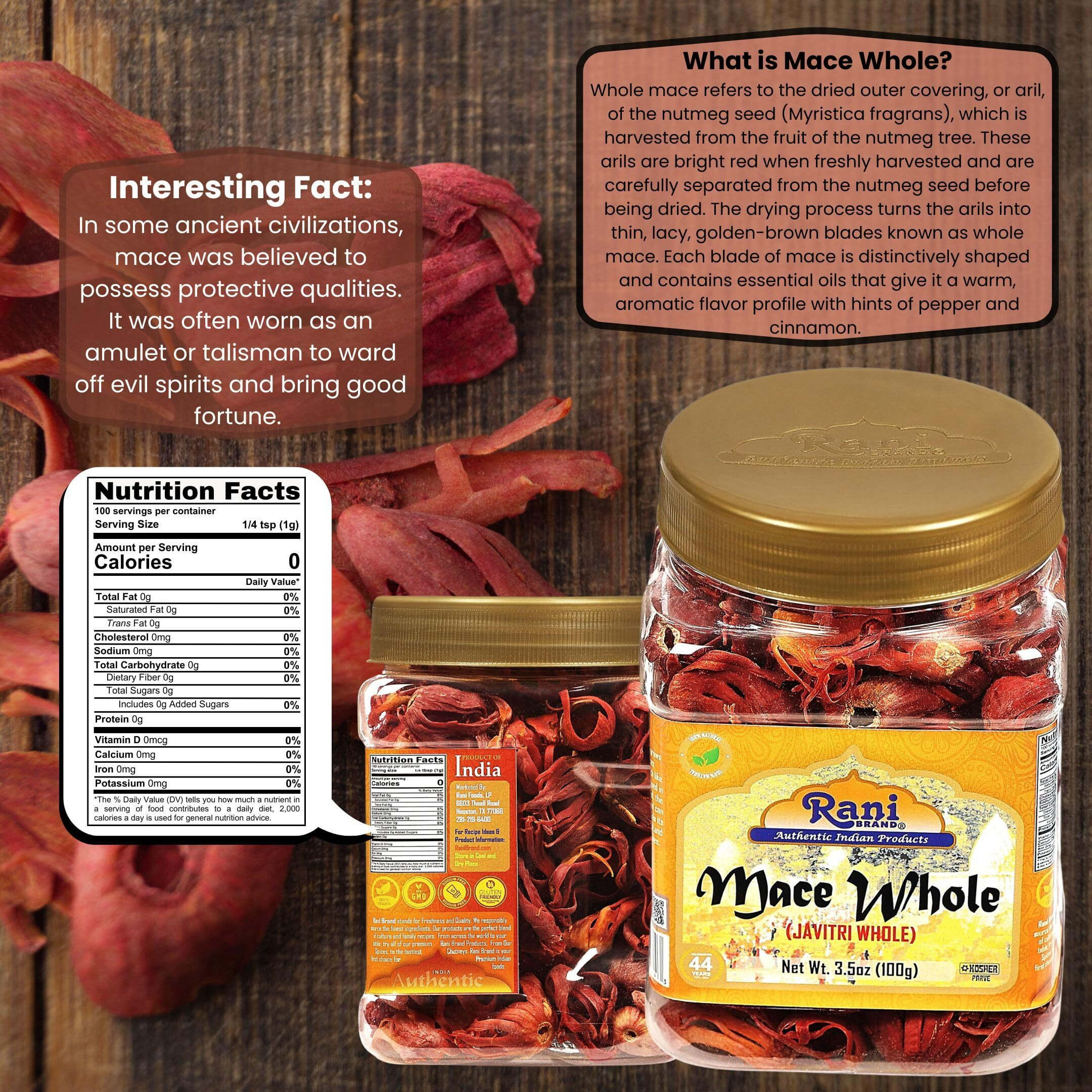 Rani Mace Whole (Javathri), Spice 3.5oz (100g) PET Jar ~ All Natural, Vegan, Gluten Friendly, NON-GMO, Kosher, Indian Origin