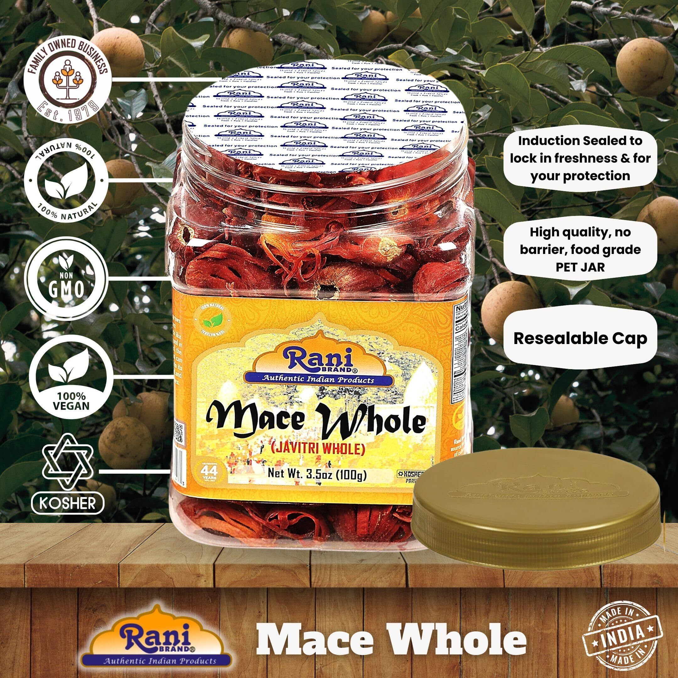 Rani Mace Whole (Javathri), Spice 3.5oz (100g) PET Jar ~ All Natural, Vegan, Gluten Friendly, NON-GMO, Kosher, Indian Origin