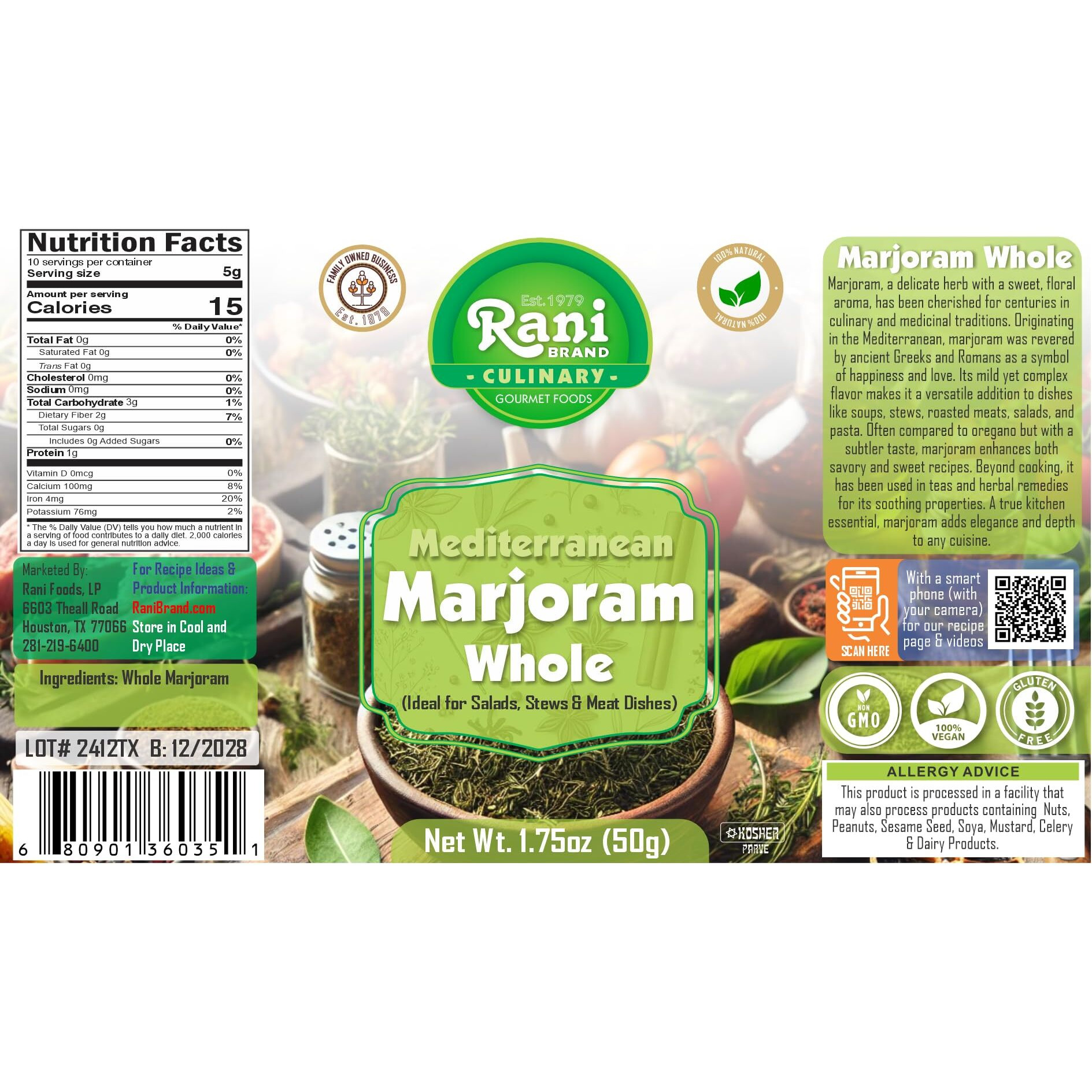 Rani Marjoram Whole (Ideal for Salads, Stews & Meat Dishes) 1.75oz (50g) PET Jar ~ All Natural, Gluten Friendly, NON-GMO, Kosher, Vegan, Indian Origin