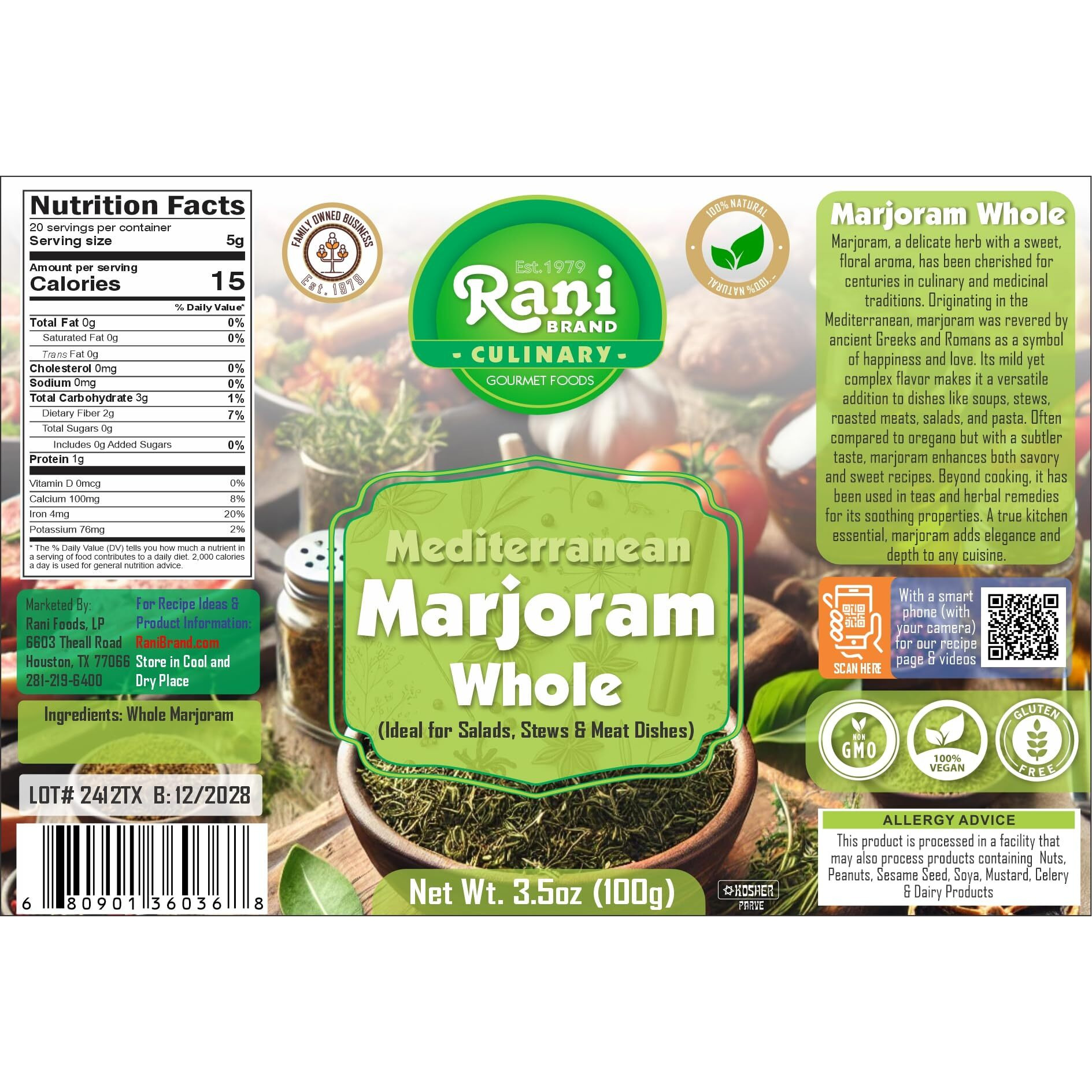 Rani Marjoram Whole (Ideal for Salads, Stews & Meat Dishes) 3.5oz (100g) PET Jar ~ All Natural, Gluten Friendly, NON-GMO, Kosher, Vegan, Indian Origin