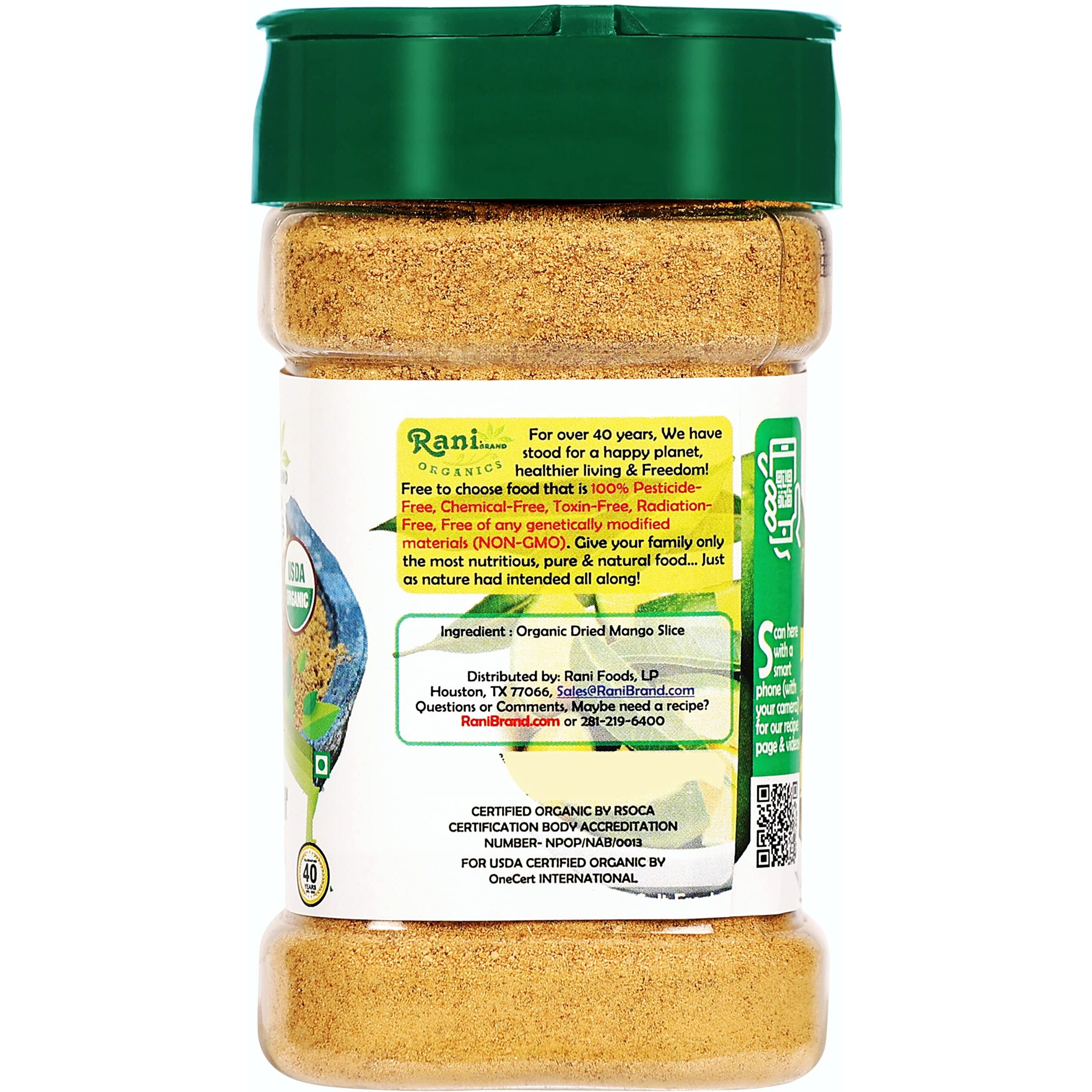 Rani Organic Amchur Ground (Dry Mango Powder) Spice 3oz (85g) PET Jar ~ All Natural, Vegan, Gluten Friendly, NON-GMO, Indian Origin, USDA Certified Organic
