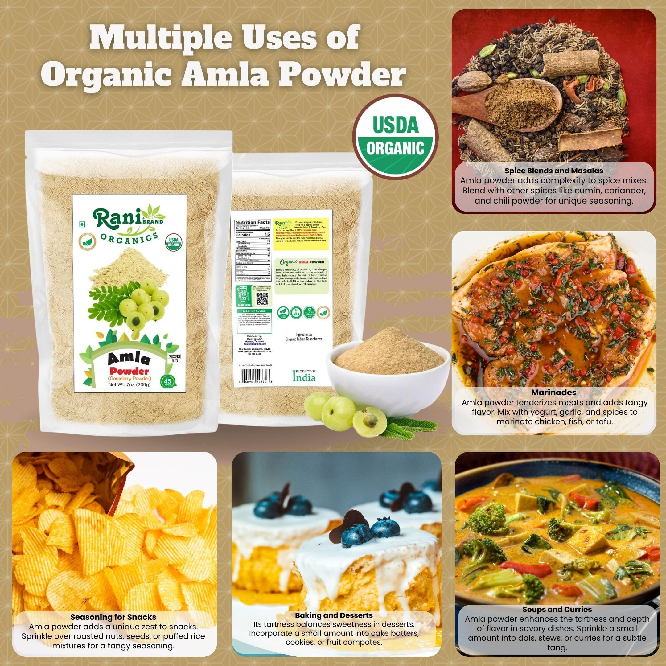 Rani Organic Amla Powder (Gooseberry Powder) 7oz (200g) ~ All Natural, No Color, Gluten Friendly, Vegan, NON-GMO, Kosher, No Salt or fillers, Indian Origin, USDA Organic Certified