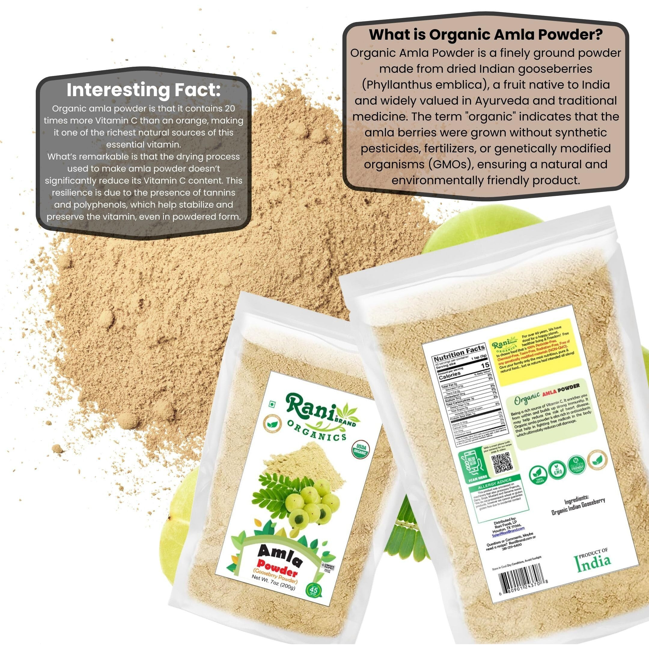 Rani Organic Amla Powder (Gooseberry Powder) 7oz (200g) ~ All Natural, No Color, Gluten Friendly, Vegan, NON-GMO, Kosher, No Salt or fillers, Indian Origin, USDA Organic Certified