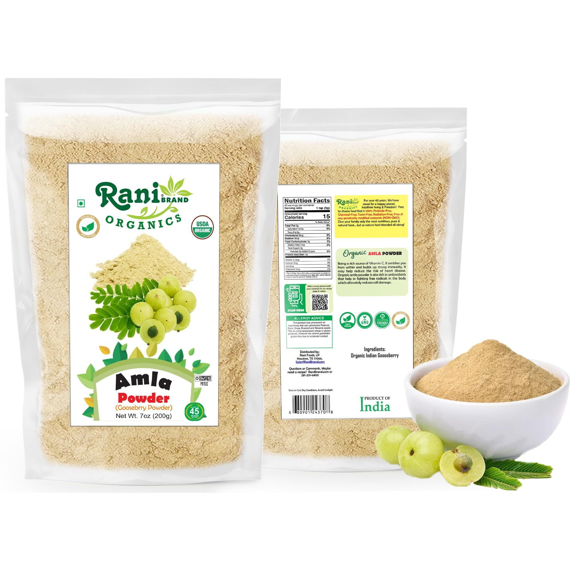 Rani Organic Amla Powder (Gooseberry Powder) 7oz (200g) ~ All Natural, No Color, Gluten Friendly, Vegan, NON-GMO, Kosher, No Salt or fillers, Indian Origin, USDA Organic Certified