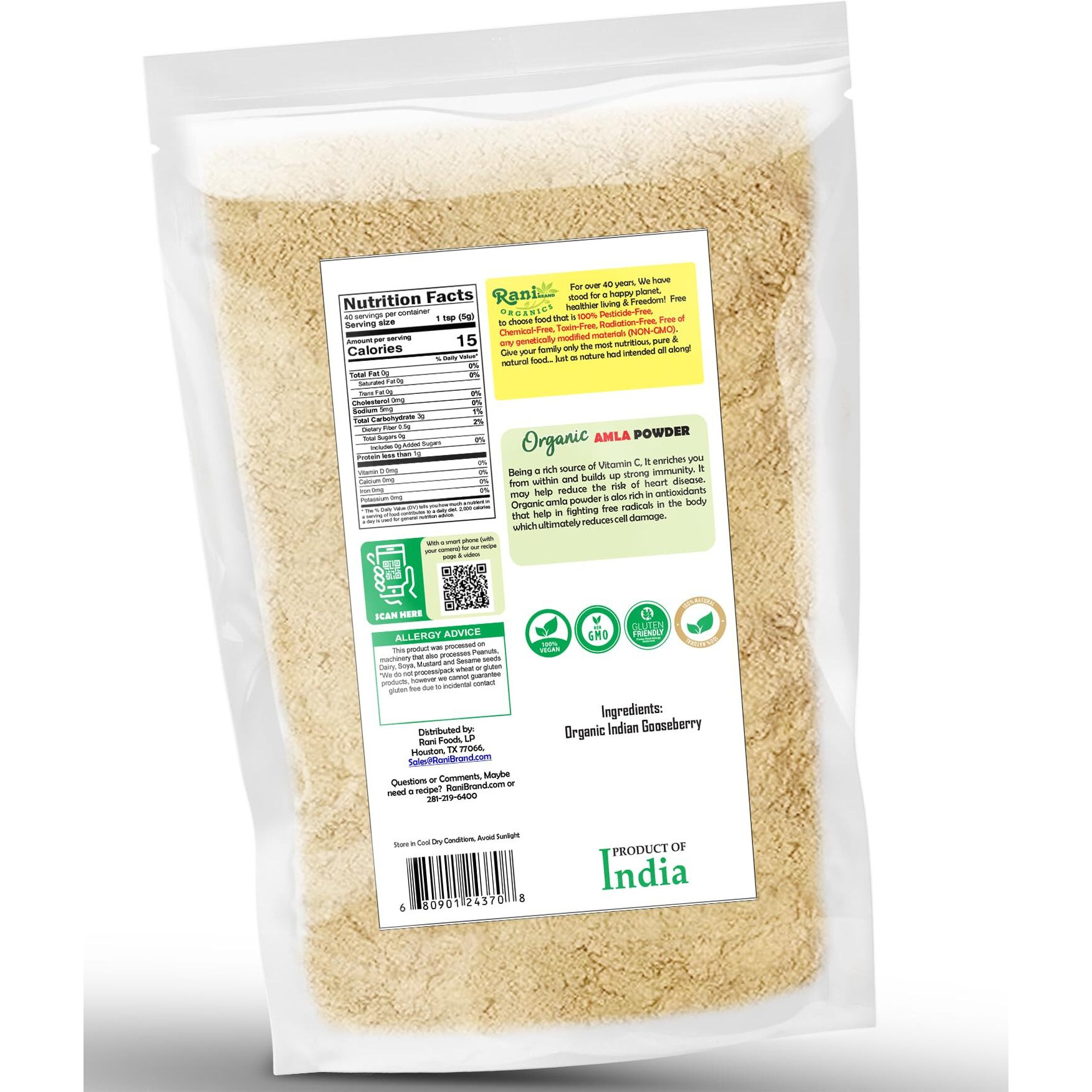 Rani Organic Amla Powder (Gooseberry Powder) 7oz (200g) ~ All Natural, No Color, Gluten Friendly, Vegan, NON-GMO, Kosher, No Salt or fillers, Indian Origin, USDA Organic Certified