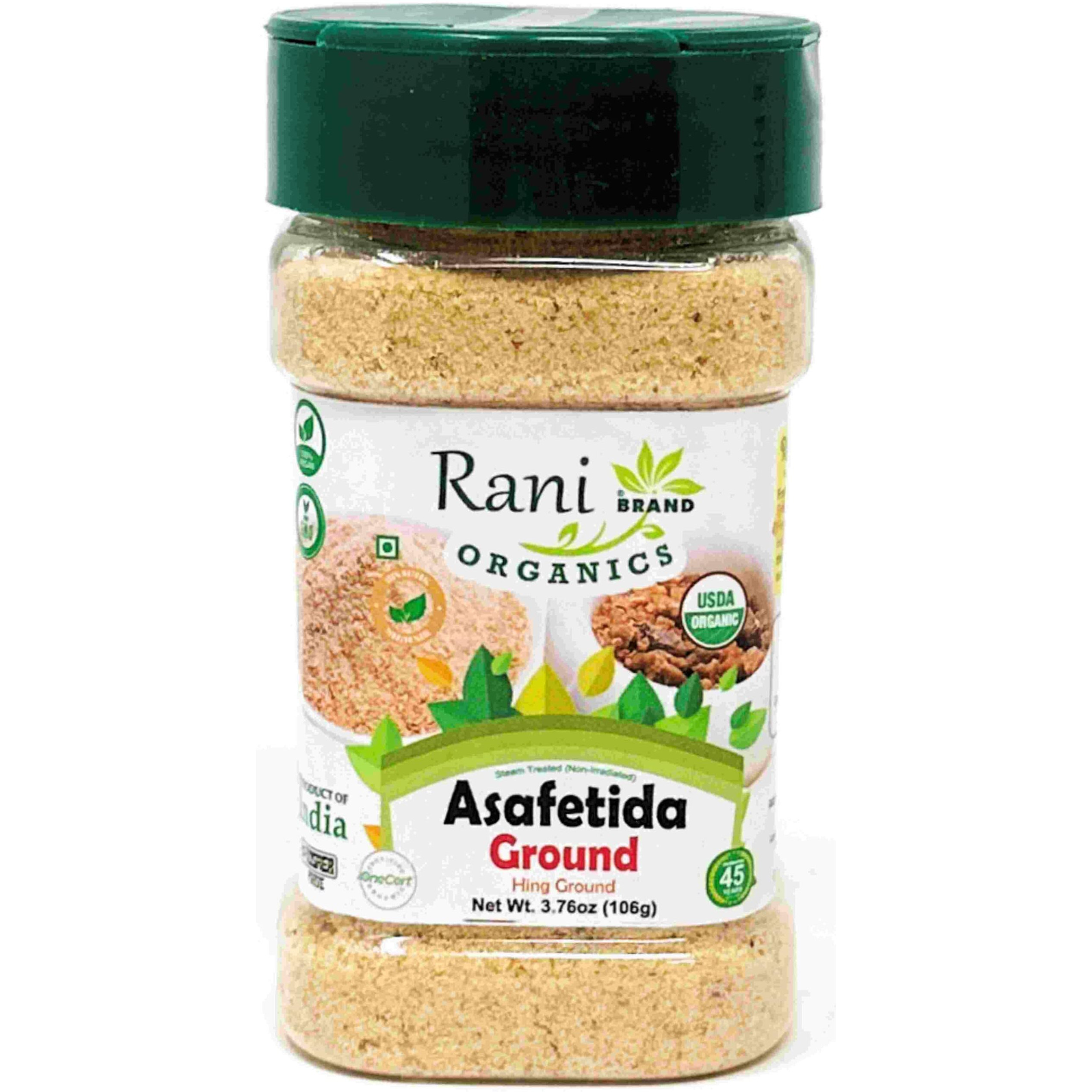 Rani Organic Asafetida (Hing) Ground 3.75oz (106g) PET Jar ~ All Natural, Salt Free, Vegan, Non-GMO, Kosher, Asafoetida Indian Spice, Best for Onion Garlic Substitute, USDA Certified Organic