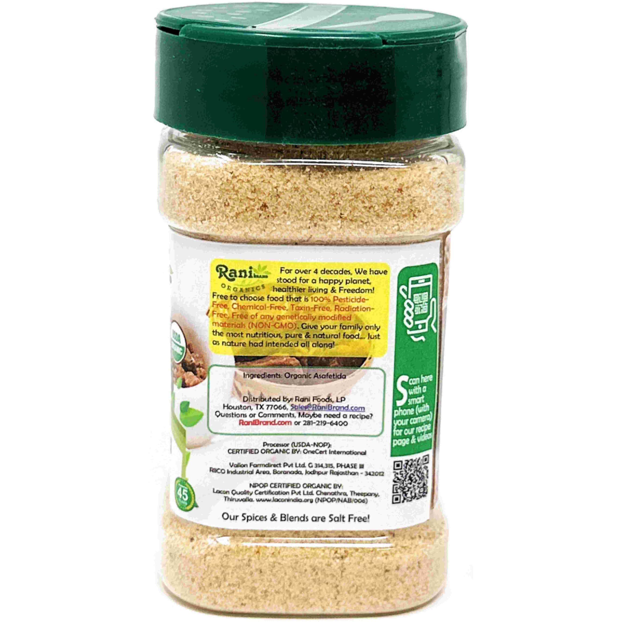 Rani Organic Asafetida (Hing) Ground 3.75oz (106g) PET Jar ~ All Natural, Salt Free, Vegan, Non-GMO, Kosher, Asafoetida Indian Spice, Best for Onion Garlic Substitute, USDA Certified Organic
