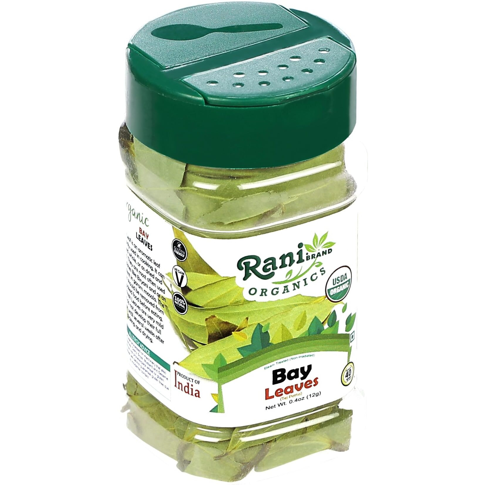 Rani Organic Bay Leaves (Tej Patta) Whole Spice Hand Selected Extra Large 0.4oz (12g) PET Jar ~ All Natural, Gluten Friendly, NON-GMO, Vegan, Indian Origin, USDA Certified Organic