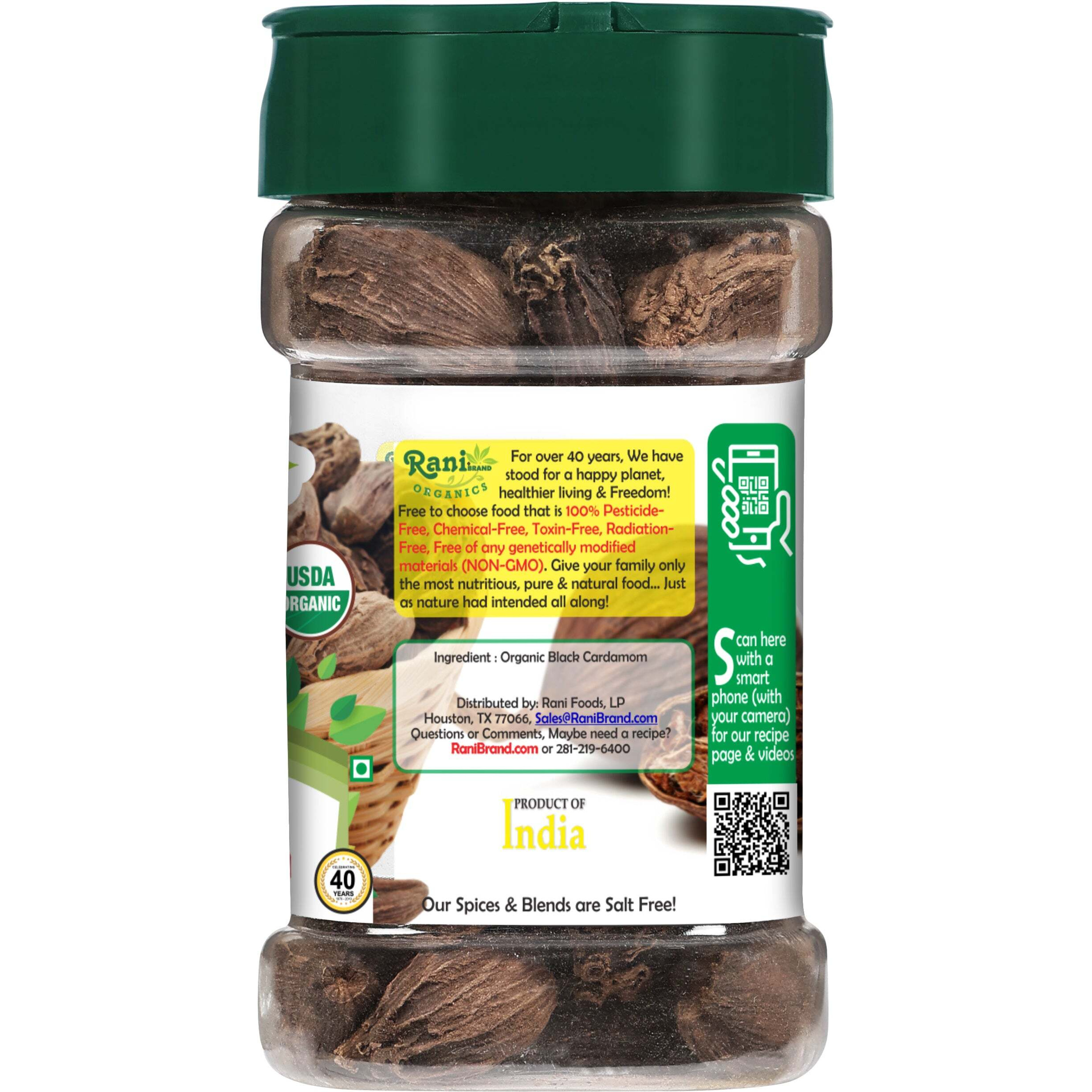 Rani Organic Black Cardamom Pods (Kali Elachi) Whole Indian Spice 2.11oz (60g) PET Jar ~ All Natural, Vegan, Gluten Friendly, NON-GMO, Indian Origin, USDA Certified Organic