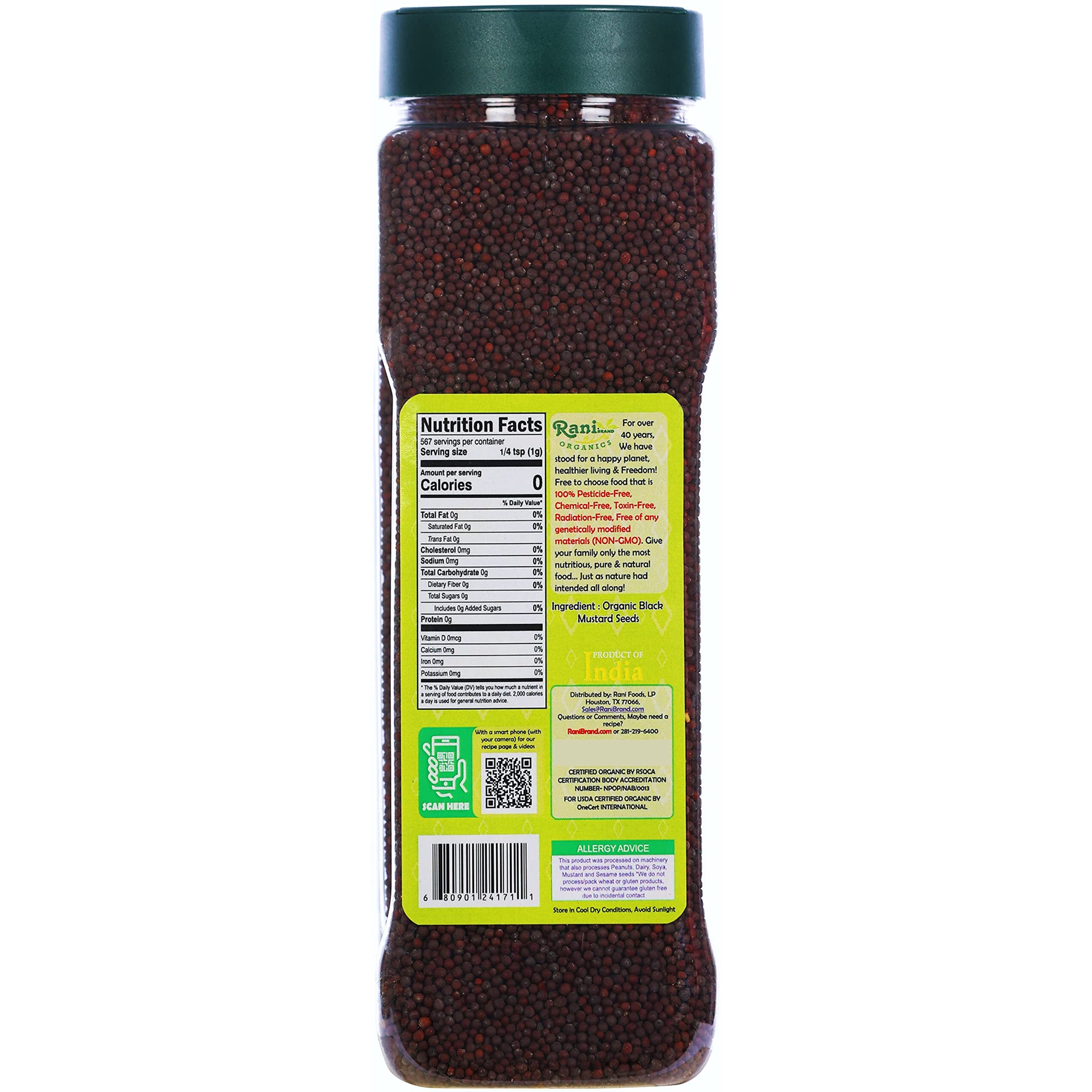 Rani Organic Black Mustard Seeds Whole Spice (Rai Sarson) 20oz (1.25lbs) 567g PET Jar ~ All Natural, Vegan, Gluten Friendly, NON-GMO, Indian Origin, USDA Certified Organic