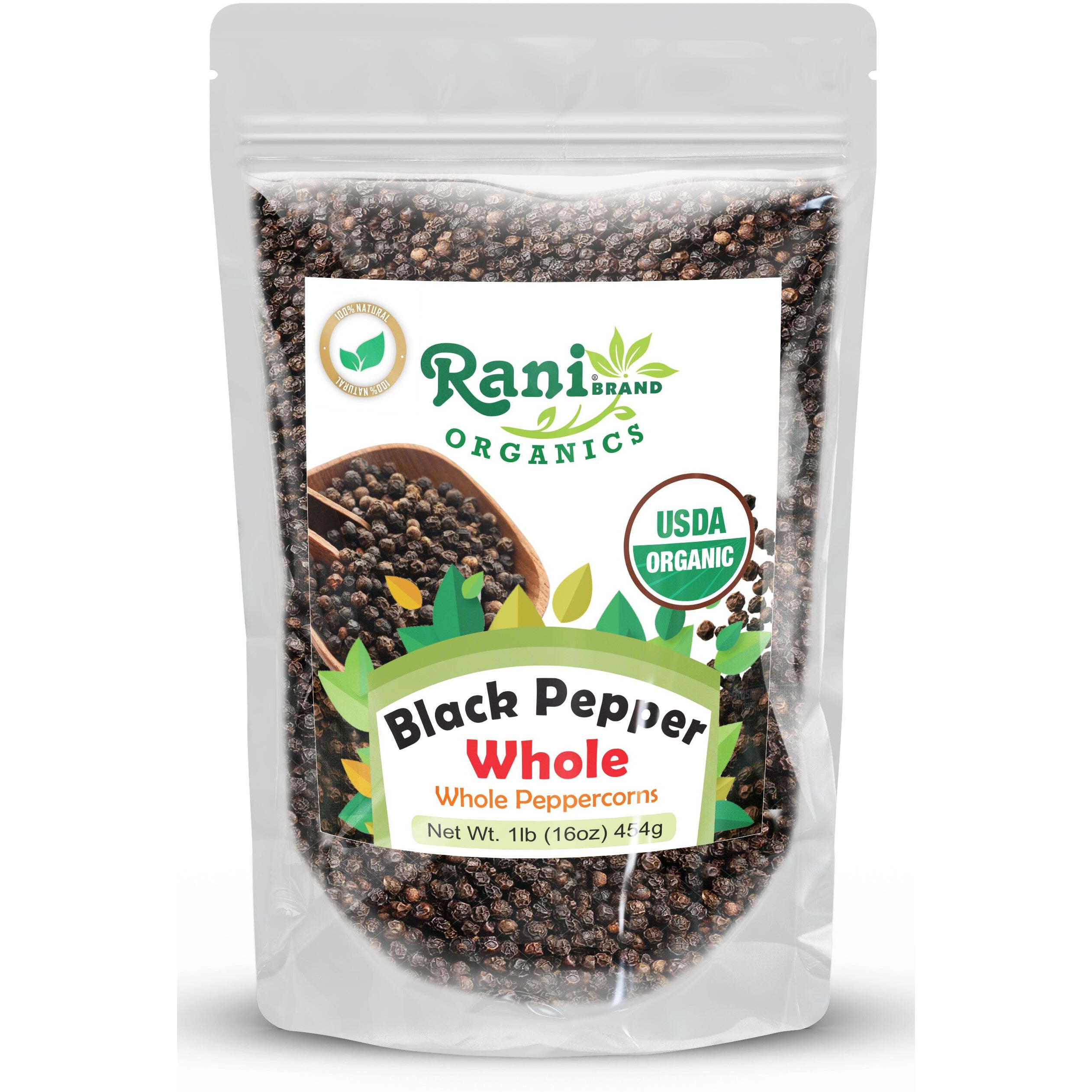 Rani Organic Black Pepper Whole (Peppercorns), Premium MG-1 Grade 16oz (1lb) 454g ~ All Natural, Gluten Friendly, Non-GMO, USDA Certified Organic, Kosher, Product of Vietnam