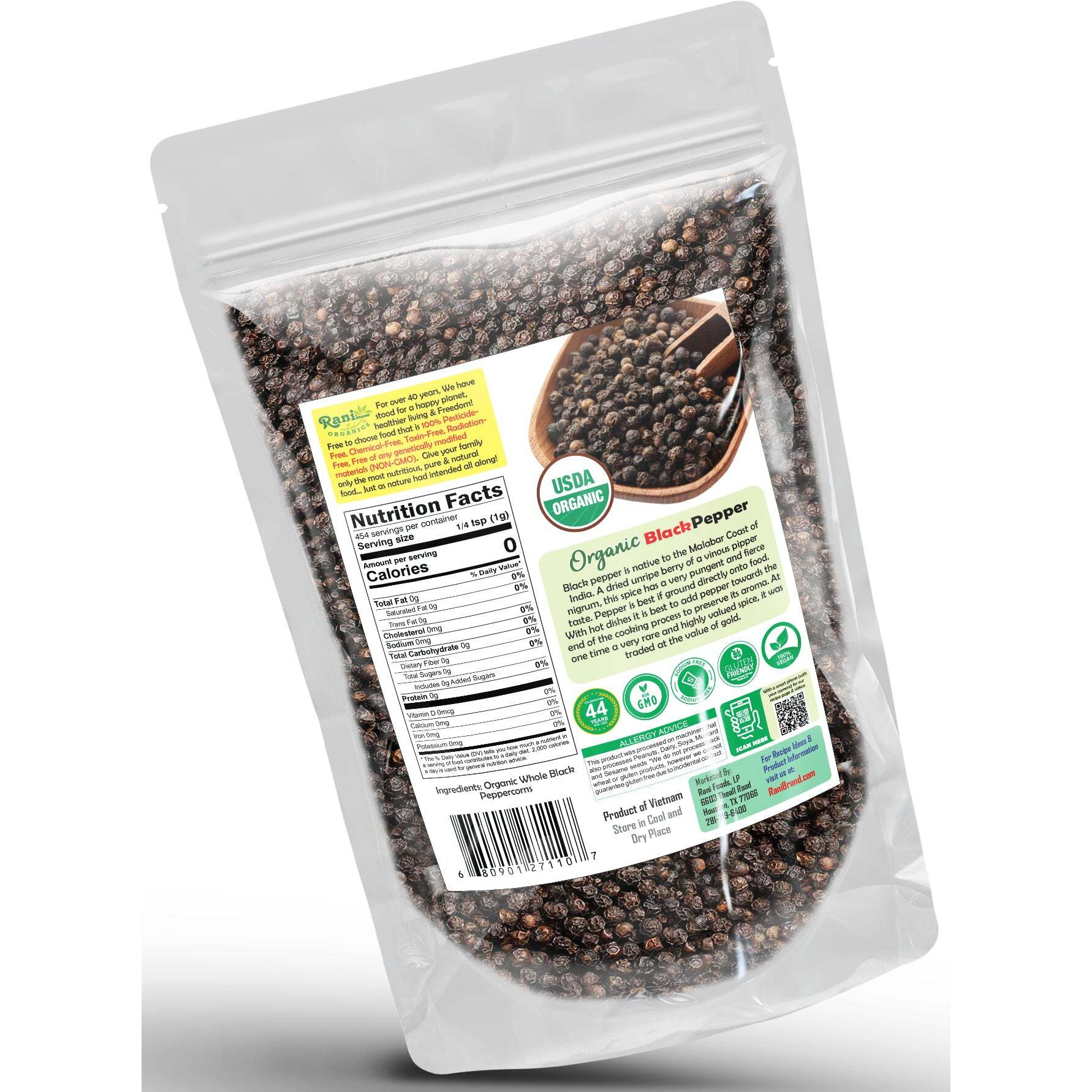Rani Organic Black Pepper Whole (Peppercorns), Premium MG-1 Grade 16oz (1lb) 454g ~ All Natural, Gluten Friendly, Non-GMO, USDA Certified Organic, Kosher, Product of Vietnam
