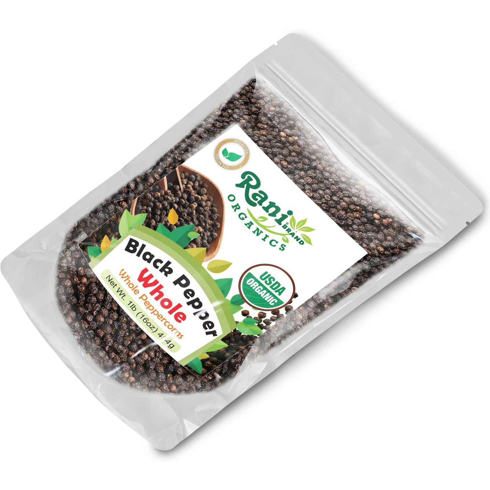 Rani Organic Black Pepper Whole (Peppercorns), Premium MG-1 Grade 16oz (1lb) 454g ~ All Natural, Gluten Friendly, Non-GMO, USDA Certified Organic, Kosher, Product of Vietnam
