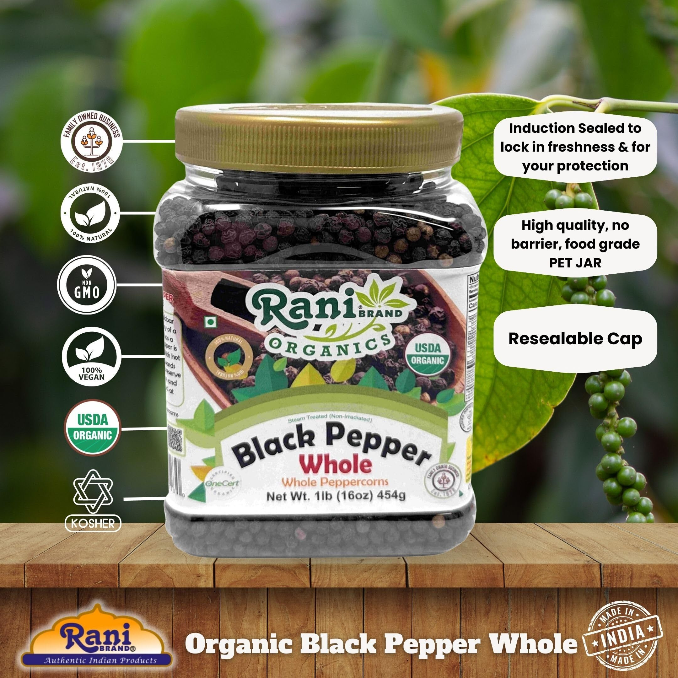 Rani Organic Black Pepper Whole (Peppercorns), Premium MG-1 Grade 16oz (1lb) 454g PET Jar ~ All Natural, Gluten Friendly, Non-GMO, USDA Certified Organic, Kosher, Product of Vietnam
