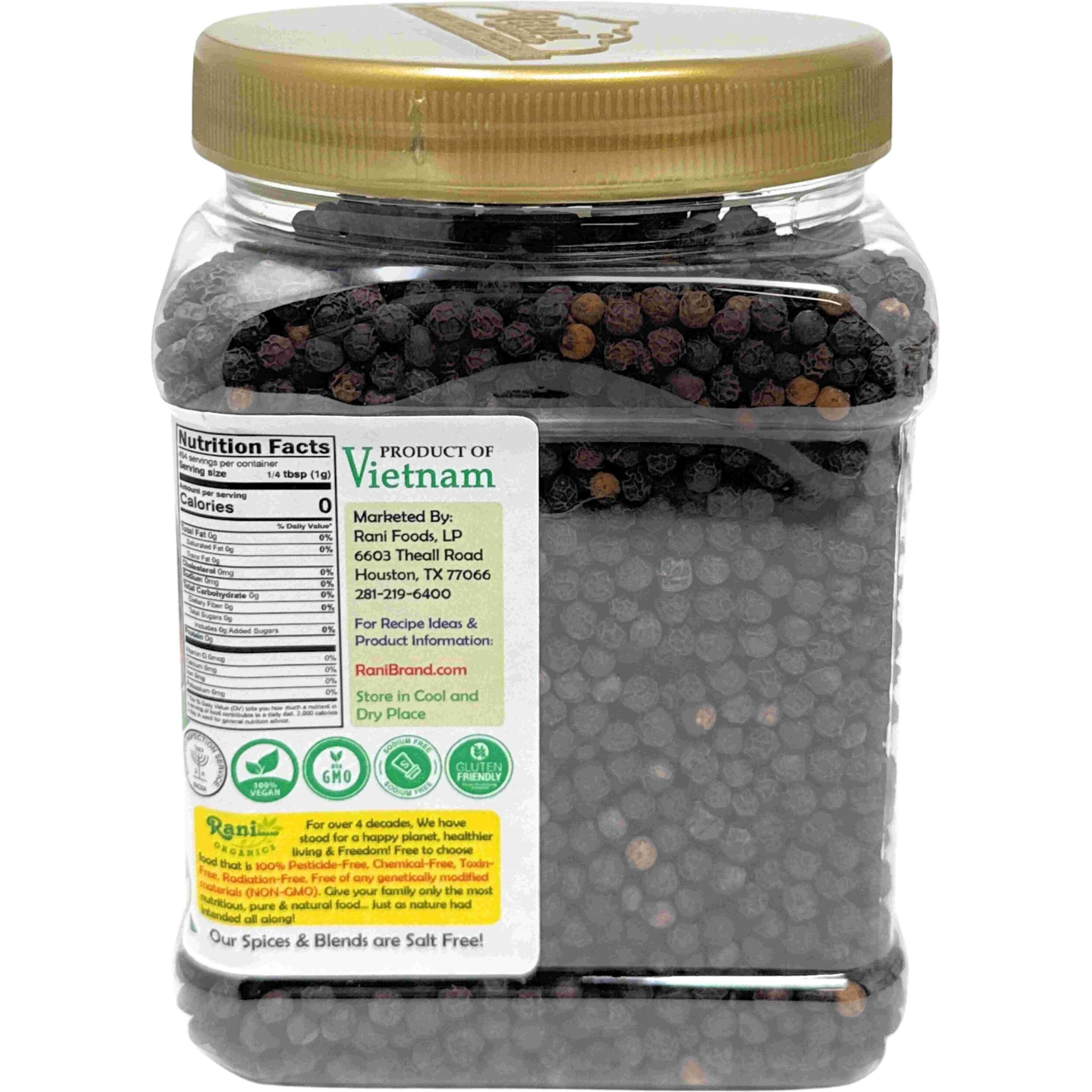 Rani Organic Black Pepper Whole (Peppercorns), Premium MG-1 Grade 16oz (1lb) 454g PET Jar ~ All Natural, Gluten Friendly, Non-GMO, USDA Certified Organic, Kosher, Product of Vietnam