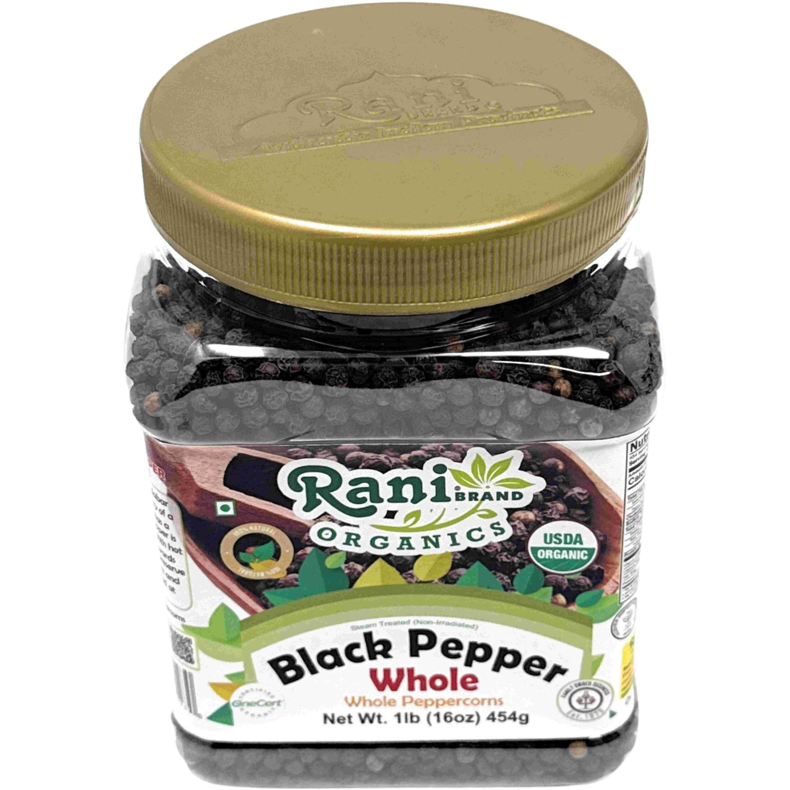 Rani Organic Black Pepper Whole (Peppercorns), Premium MG-1 Grade 16oz (1lb) 454g PET Jar ~ All Natural, Gluten Friendly, Non-GMO, USDA Certified Organic, Kosher, Product of Vietnam