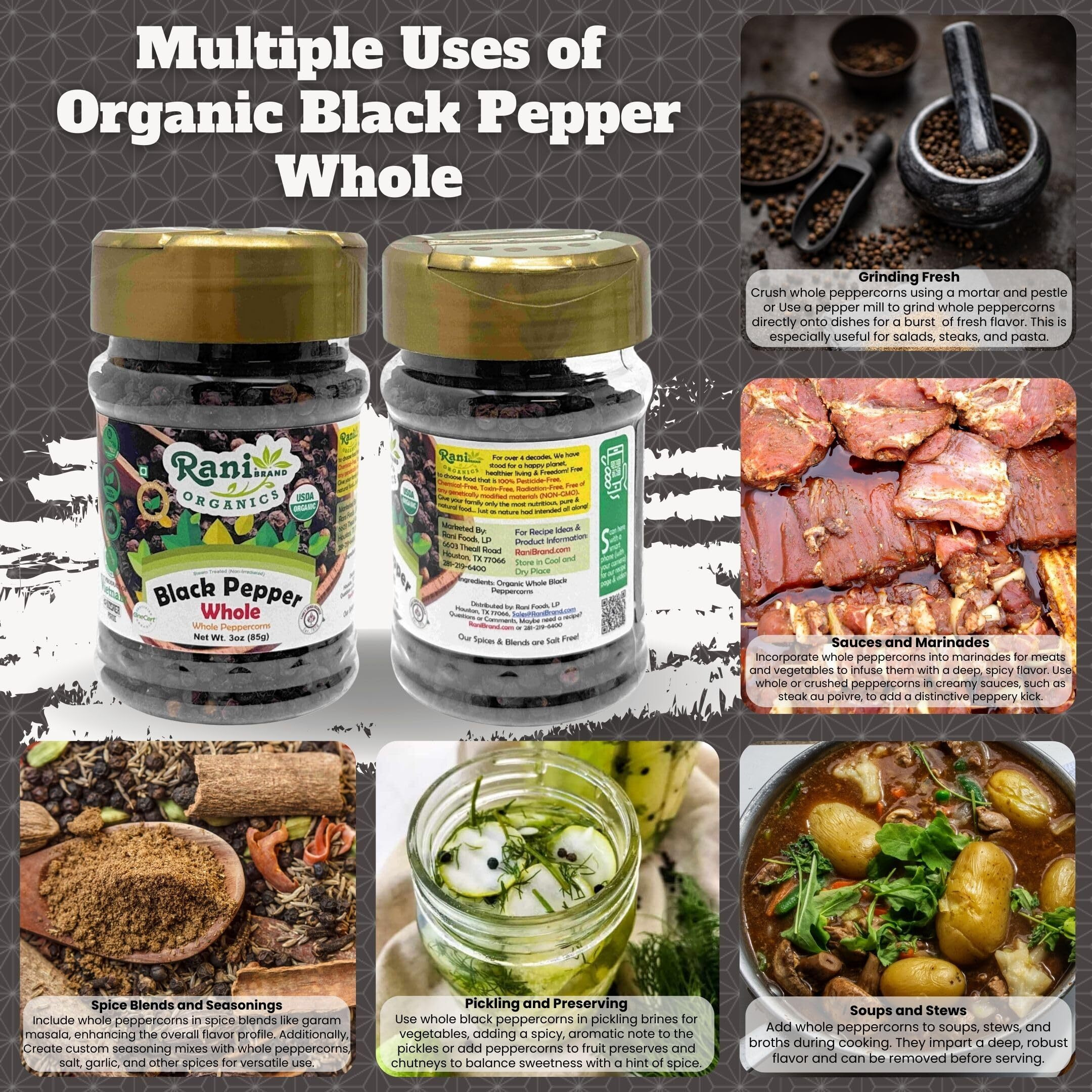 Rani Organic Black Pepper Whole (Peppercorns), Premium MG-1 Grade 3oz (85g) PET Jar ~ All Natural, Gluten Friendly, Non-GMO, USDA Certified Organic, Kosher, Product of Vietnam