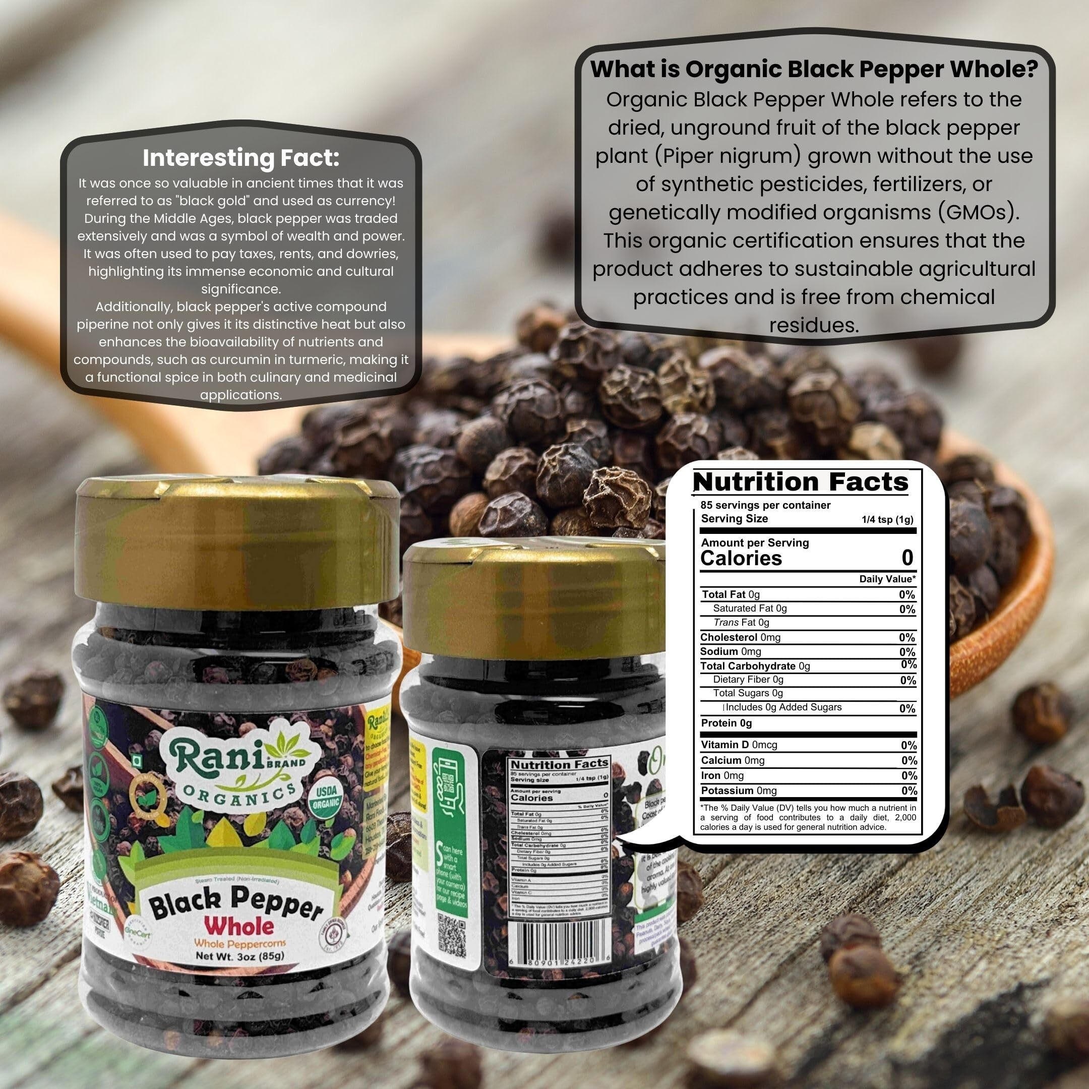 Rani Organic Black Pepper Whole (Peppercorns), Premium MG-1 Grade 3oz (85g) PET Jar ~ All Natural, Gluten Friendly, Non-GMO, USDA Certified Organic, Kosher, Product of Vietnam
