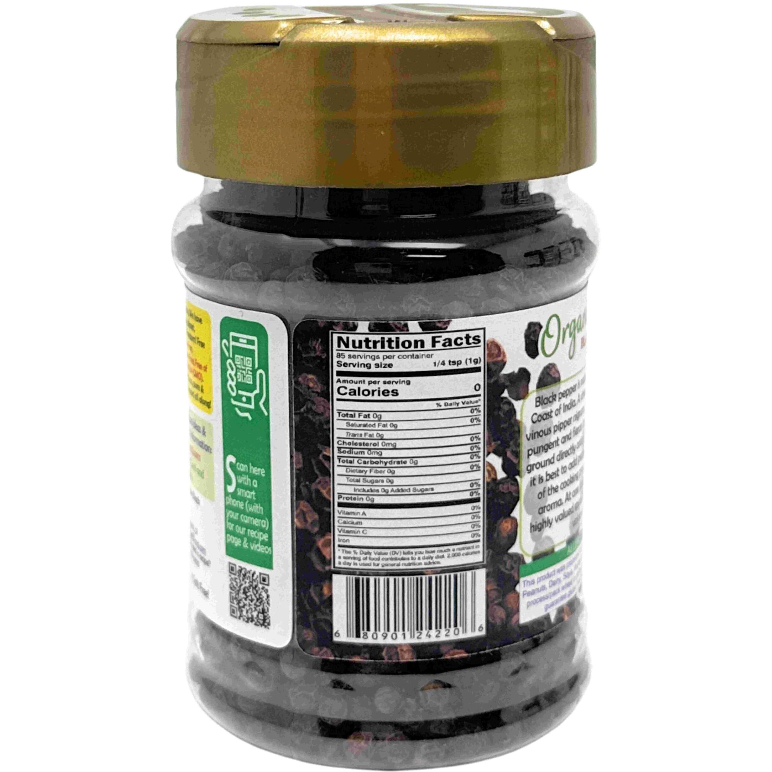 Rani Organic Black Pepper Whole (Peppercorns), Premium MG-1 Grade 3oz (85g) PET Jar ~ All Natural, Gluten Friendly, Non-GMO, USDA Certified Organic, Kosher, Product of Vietnam