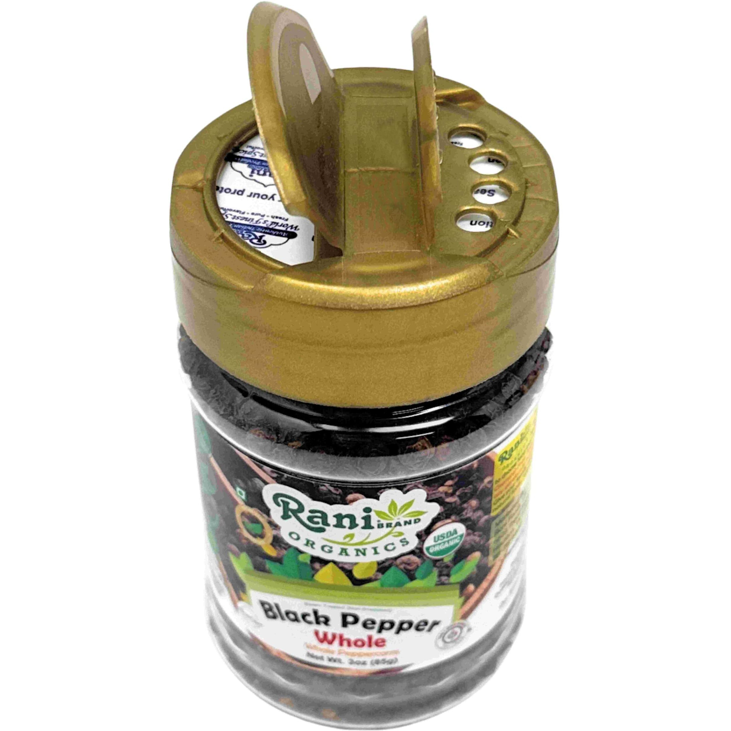 Rani Organic Black Pepper Whole (Peppercorns), Premium MG-1 Grade 3oz (85g) PET Jar ~ All Natural, Gluten Friendly, Non-GMO, USDA Certified Organic, Kosher, Product of Vietnam