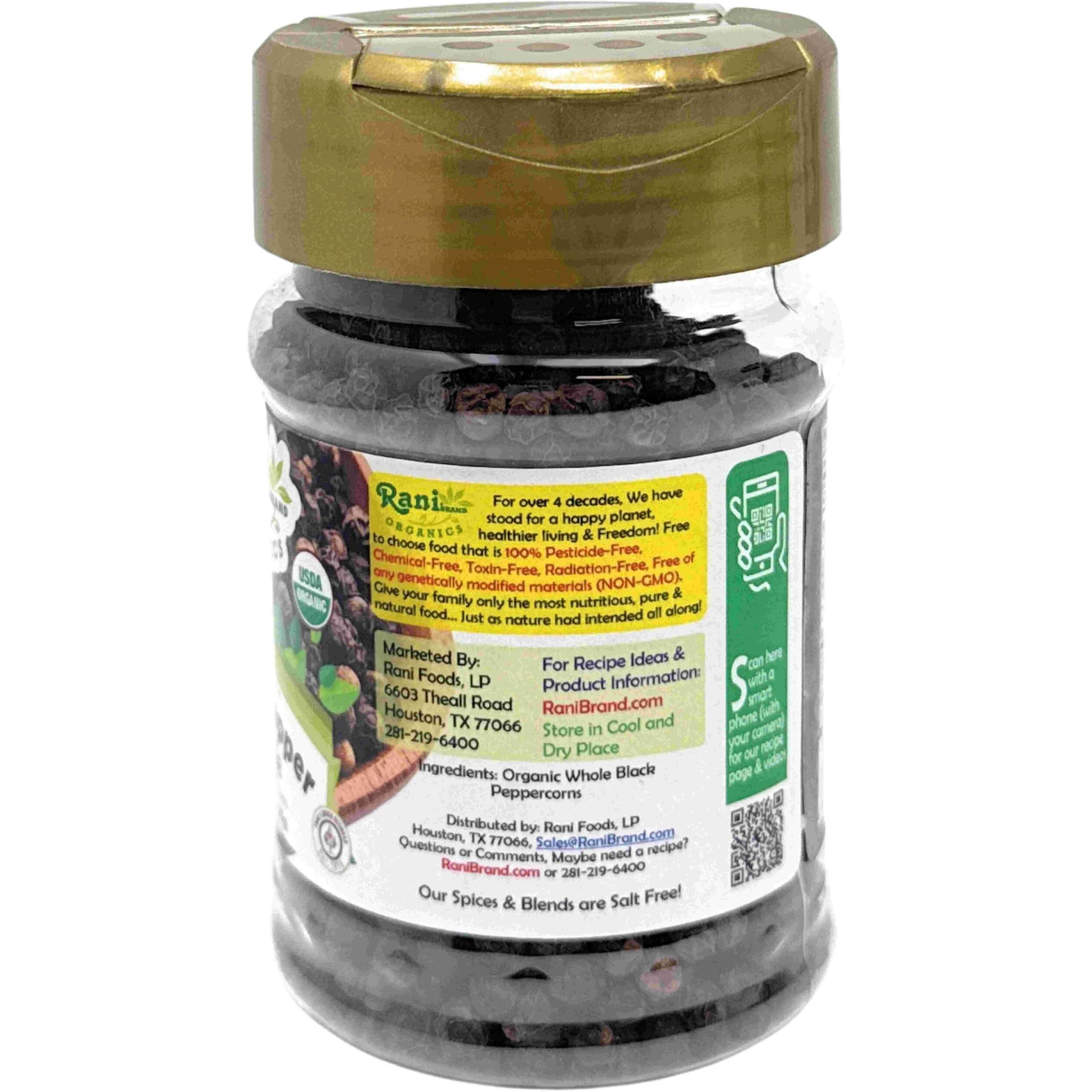 Rani Organic Black Pepper Whole (Peppercorns), Premium MG-1 Grade 3oz (85g) PET Jar ~ All Natural, Gluten Friendly, Non-GMO, USDA Certified Organic, Kosher, Product of Vietnam