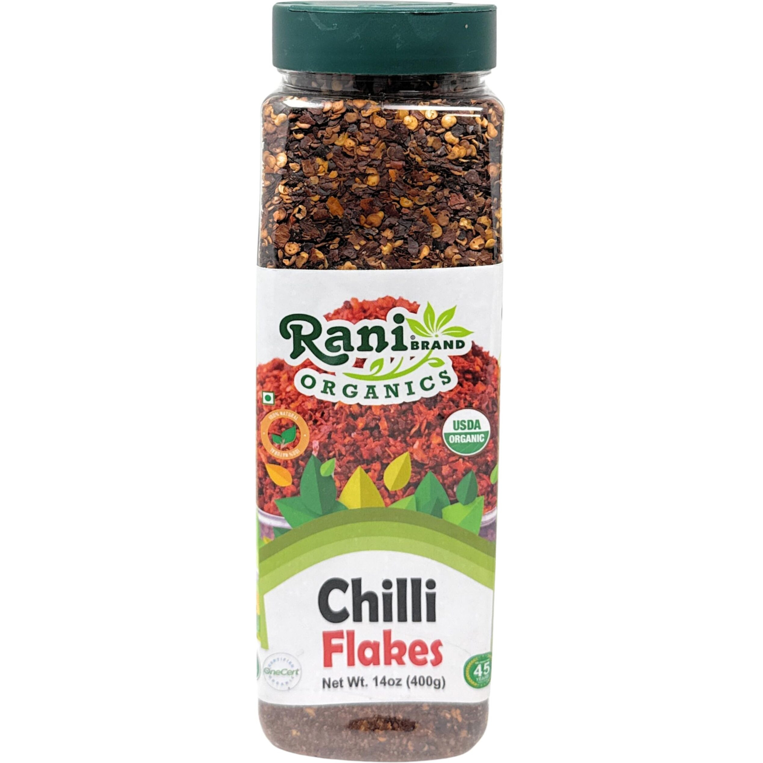 Rani Organic Chilli Flakes 14oz (400g) PET Jar ~ All Natural, No Color added, Gluten Friendly, Vegan, NON-GMO, Kosher, No Salt or fillers, USDA Certified Organic