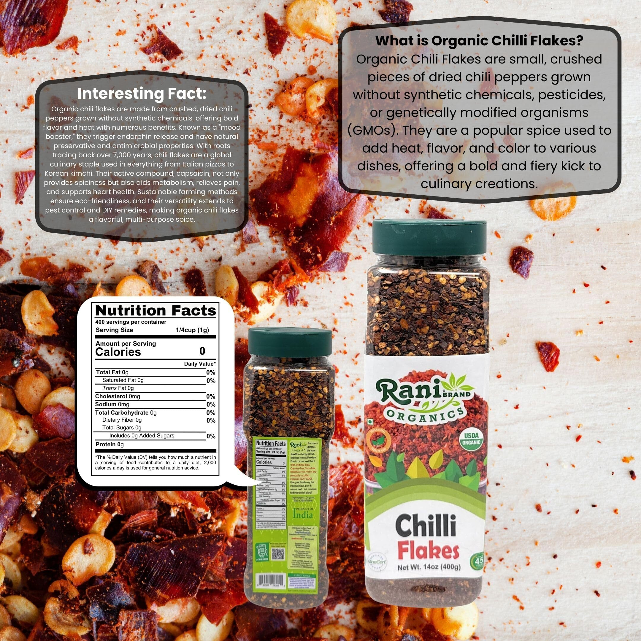 Rani Organic Chilli Flakes 14oz (400g) PET Jar ~ All Natural, No Color added, Gluten Friendly, Vegan, NON-GMO, Kosher, No Salt or fillers, USDA Certified Organic