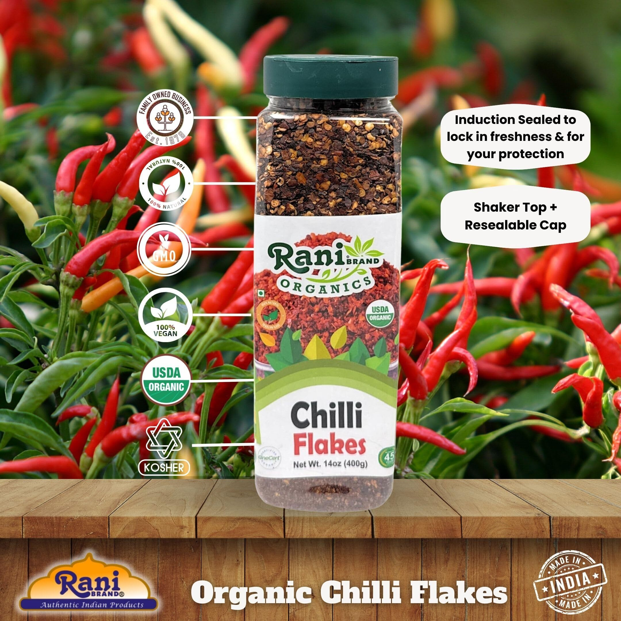 Rani Organic Chilli Flakes 14oz (400g) PET Jar ~ All Natural, No Color added, Gluten Friendly, Vegan, NON-GMO, Kosher, No Salt or fillers, USDA Certified Organic
