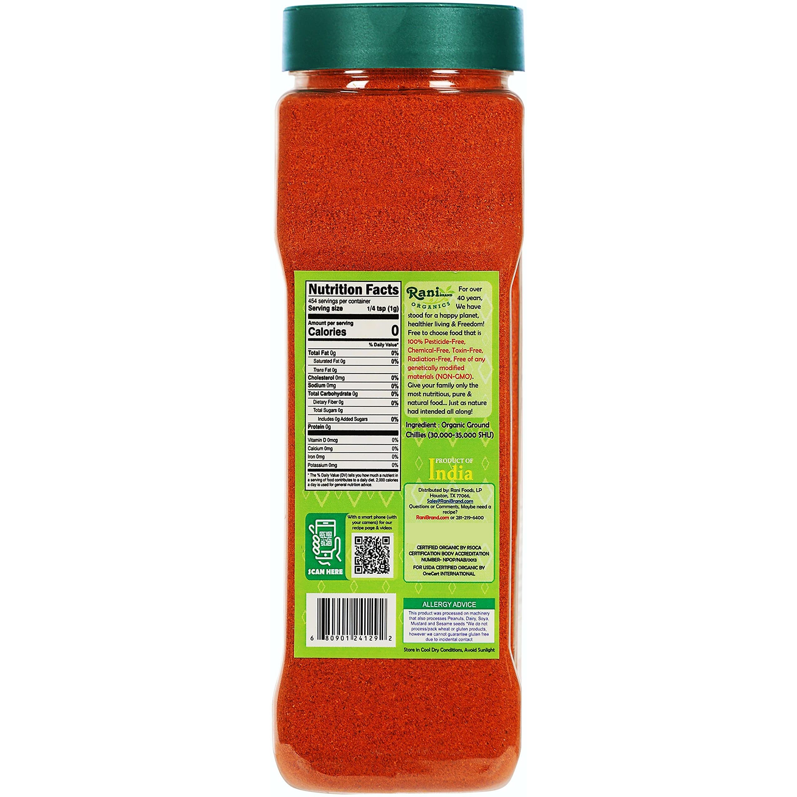Rani Organic Chilli Powder (Mirchi Ground) 16oz (1lb) 454g PET Jar ~ All Natural, Vegan, Gluten Friendly, NON-GMO, Indian Origin, USDA Certified Organic
