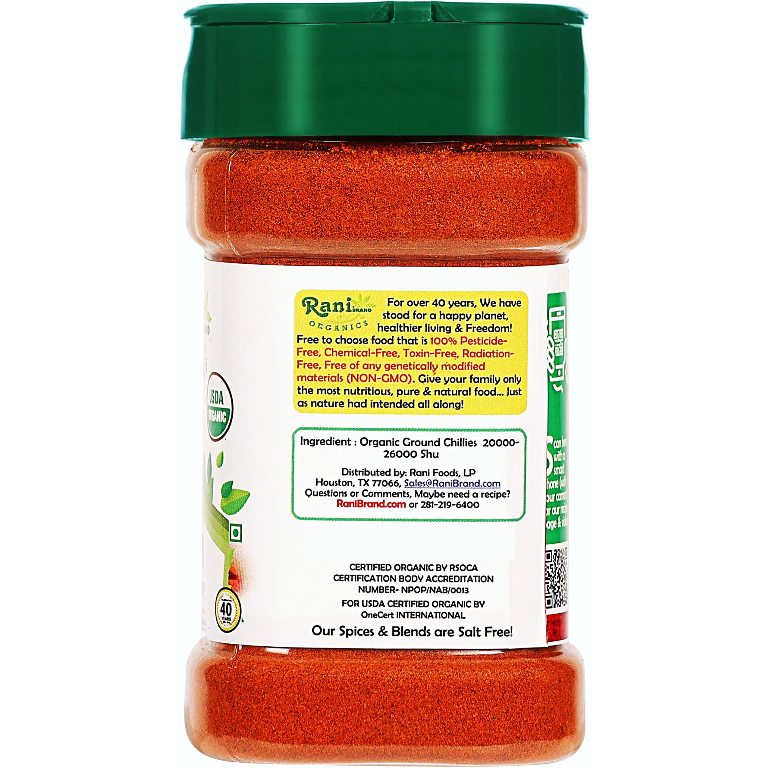 Rani Organic Chilli Powder (Mirchi Ground) 3oz (85g) PET Jar ~ All Natural, Vegan, Gluten Friendly, NON-GMO, Indian Origin, USDA Certified Organic