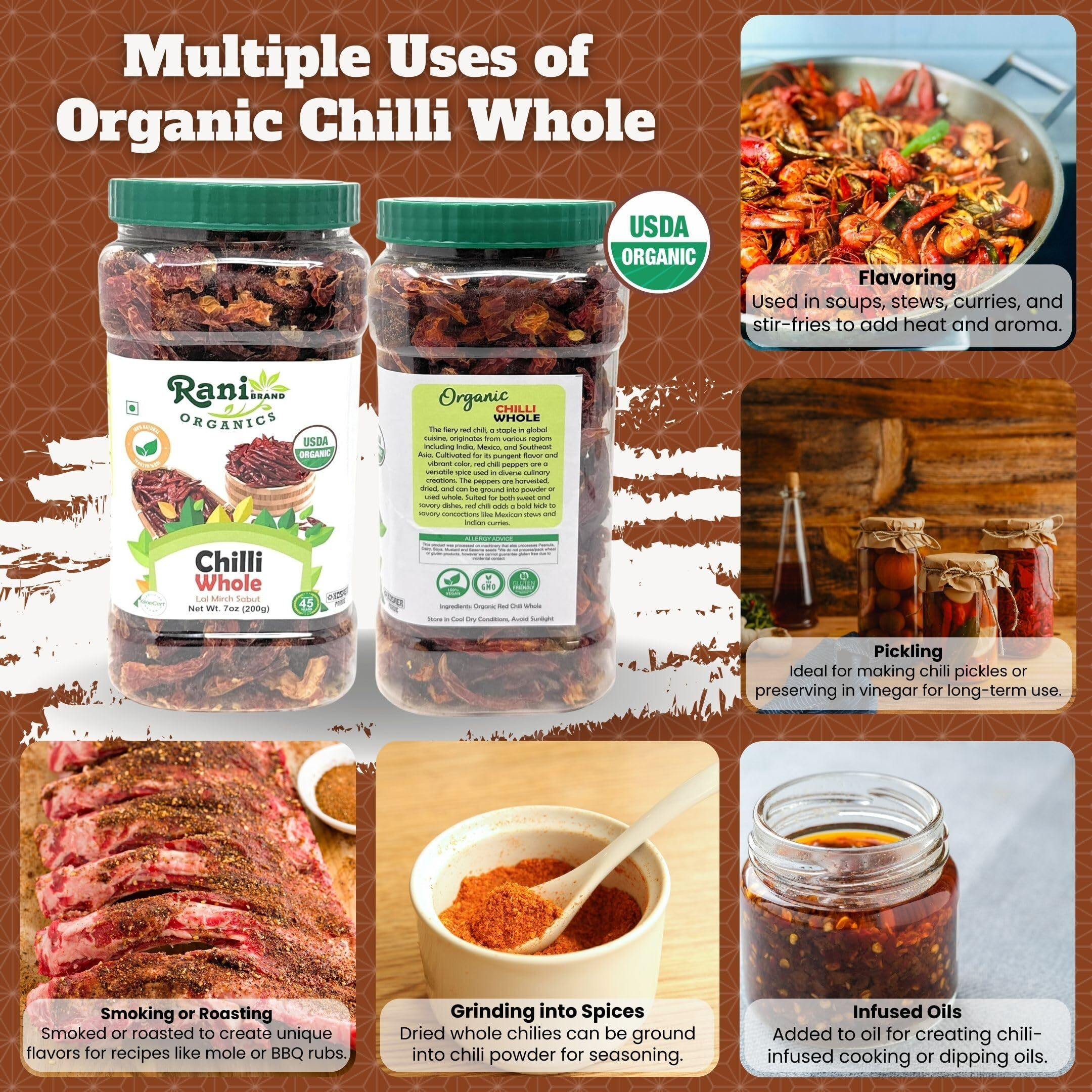 Rani Organic Chilli Whole (Lal Mirch Sabut) 7oz (200g) PET Jar ~ All Natural, Vegan, No Colors, Gluten Friendly, NON-GMO, Kosher, USDA Organic Certified