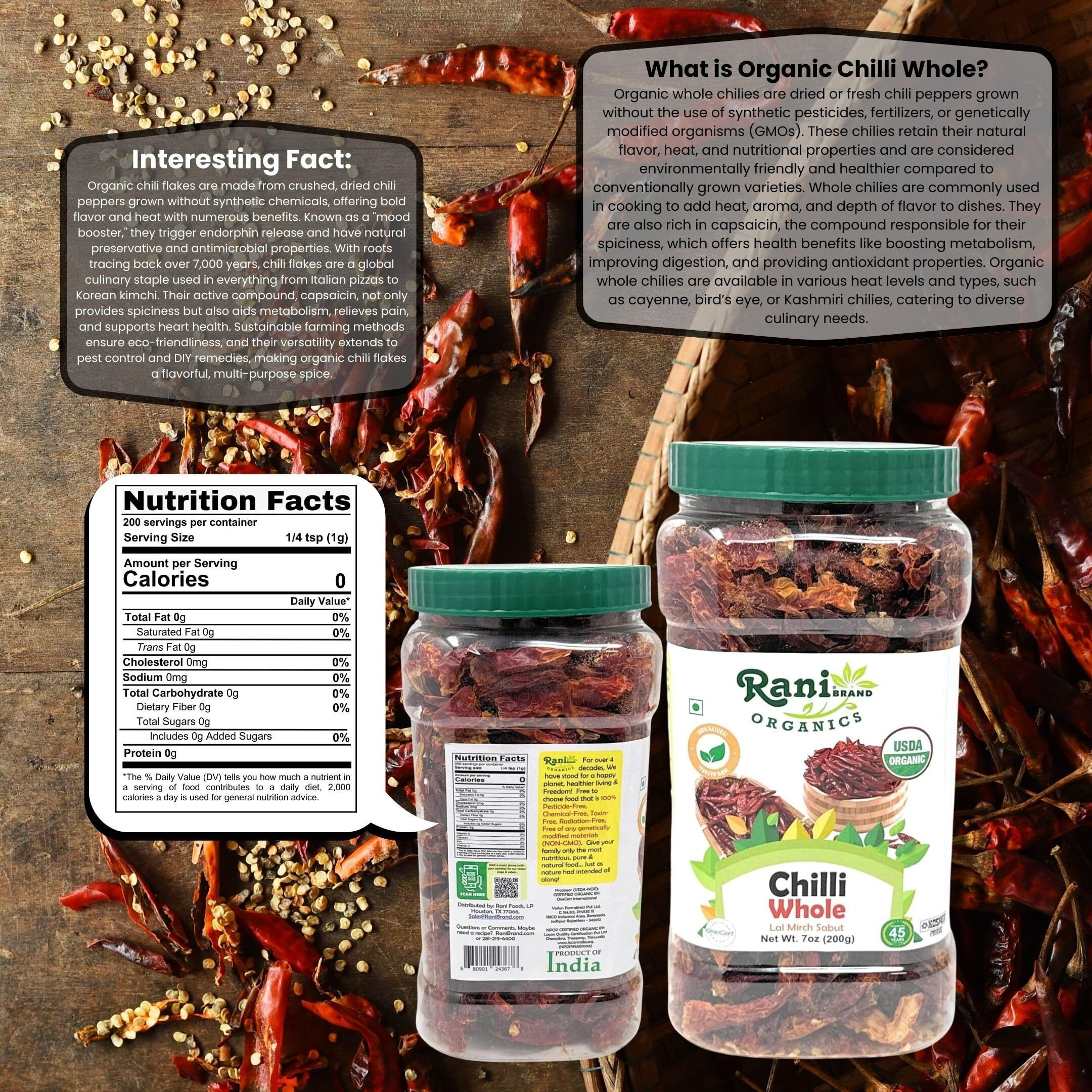 Rani Organic Chilli Whole (Lal Mirch Sabut) 7oz (200g) PET Jar ~ All Natural, Vegan, No Colors, Gluten Friendly, NON-GMO, Kosher, USDA Organic Certified