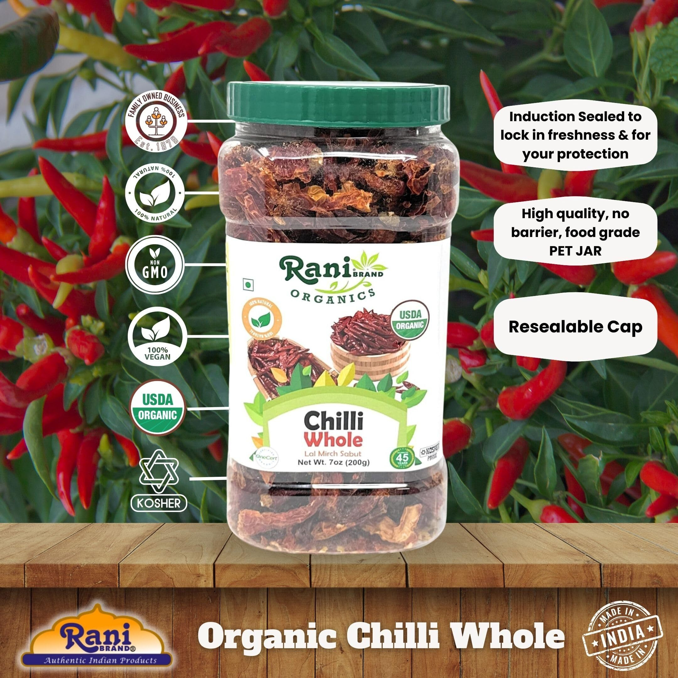 Rani Organic Chilli Whole (Lal Mirch Sabut) 7oz (200g) PET Jar ~ All Natural, Vegan, No Colors, Gluten Friendly, NON-GMO, Kosher, USDA Organic Certified