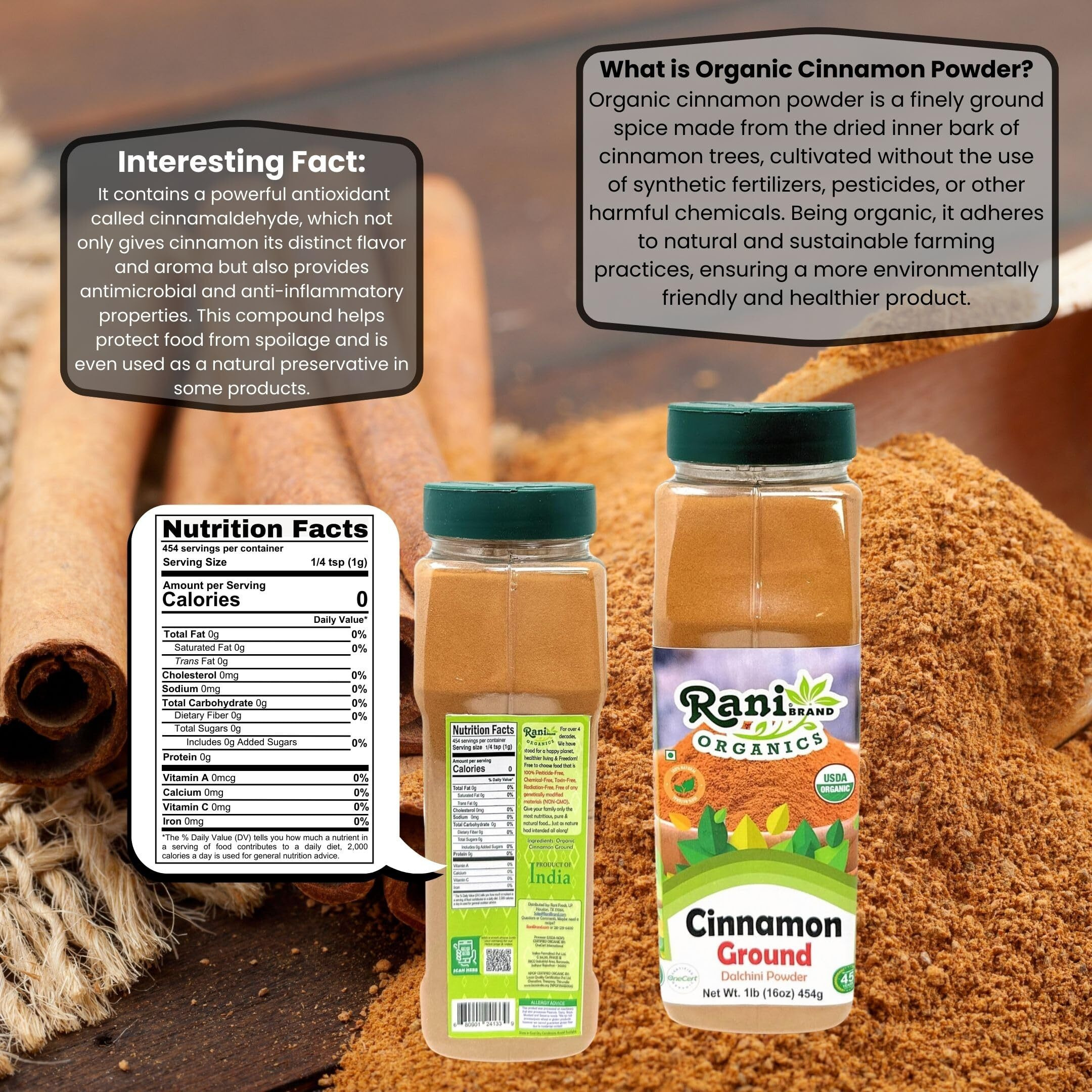 Rani Organic Cinnamon Powder (Ground) Spice 16oz (1lb) 454g PET Jar ~ All Natural, Salt-Free, Vegan, No Colors, Gluten Friendly, NON-GMO, Kosher, USDA Certified Organic