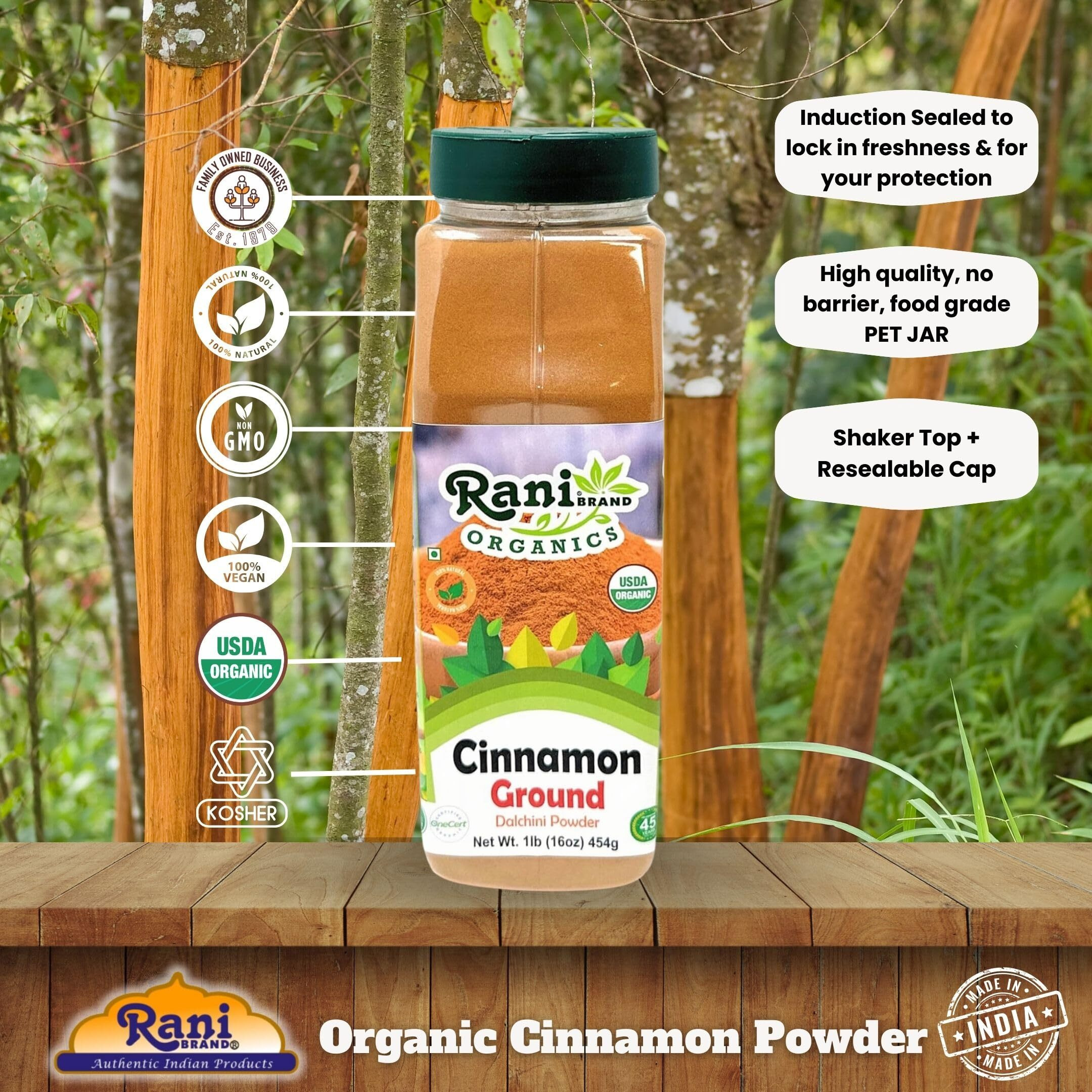 Rani Organic Cinnamon Powder (Ground) Spice 16oz (1lb) 454g PET Jar ~ All Natural, Salt-Free, Vegan, No Colors, Gluten Friendly, NON-GMO, Kosher, USDA Certified Organic