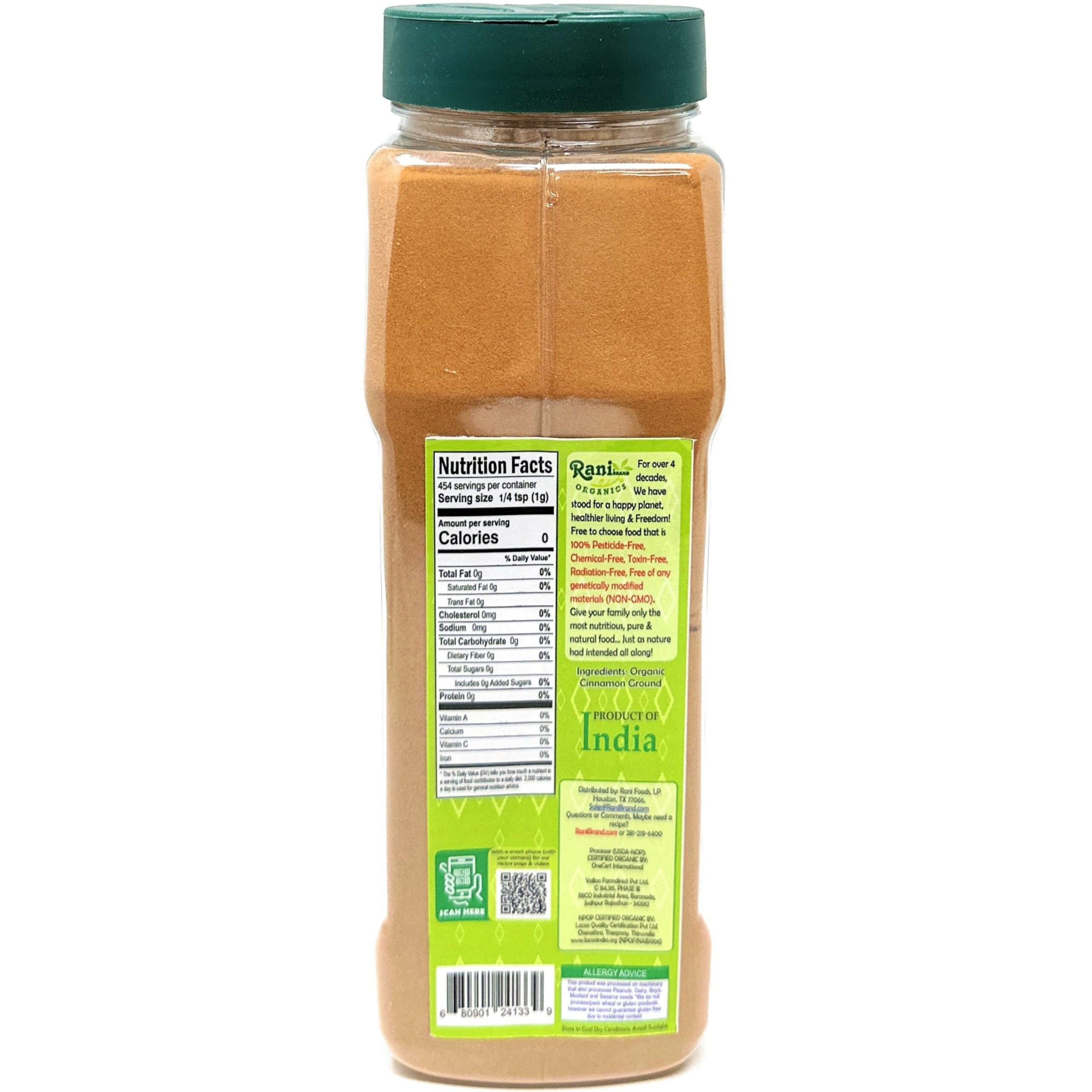 Rani Organic Cinnamon Powder (Ground) Spice 16oz (1lb) 454g PET Jar ~ All Natural, Salt-Free, Vegan, No Colors, Gluten Friendly, NON-GMO, Kosher, USDA Certified Organic