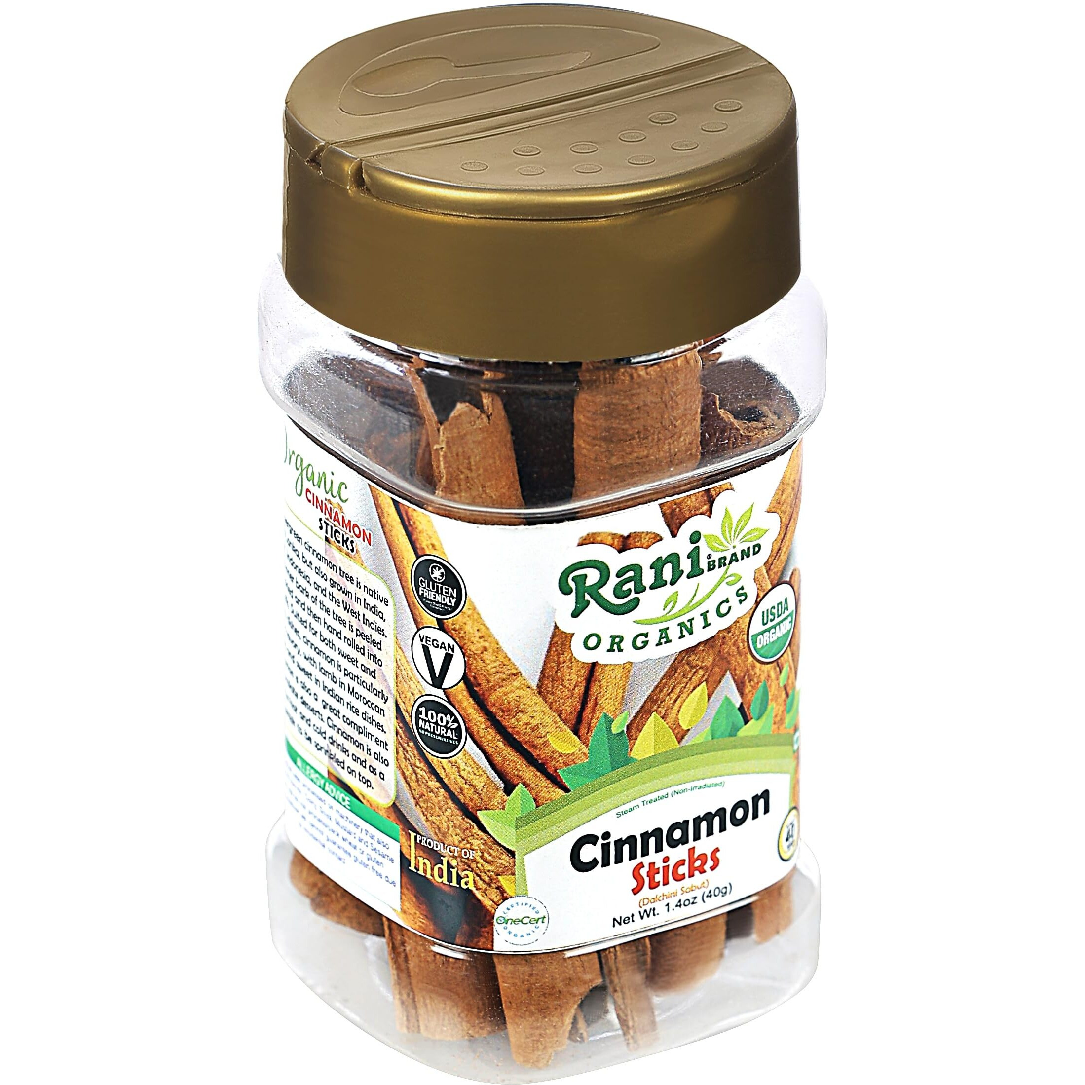 Rani Organic Cinnamon Sticks 1.4oz (40g) PET Jar - 7-9 Sticks - Strong Aroma, Perfect for Baking, Cooking & Beverages, 3+ Inches Length - Cassia Saigon Cinnamon from Vietnam, Kosher